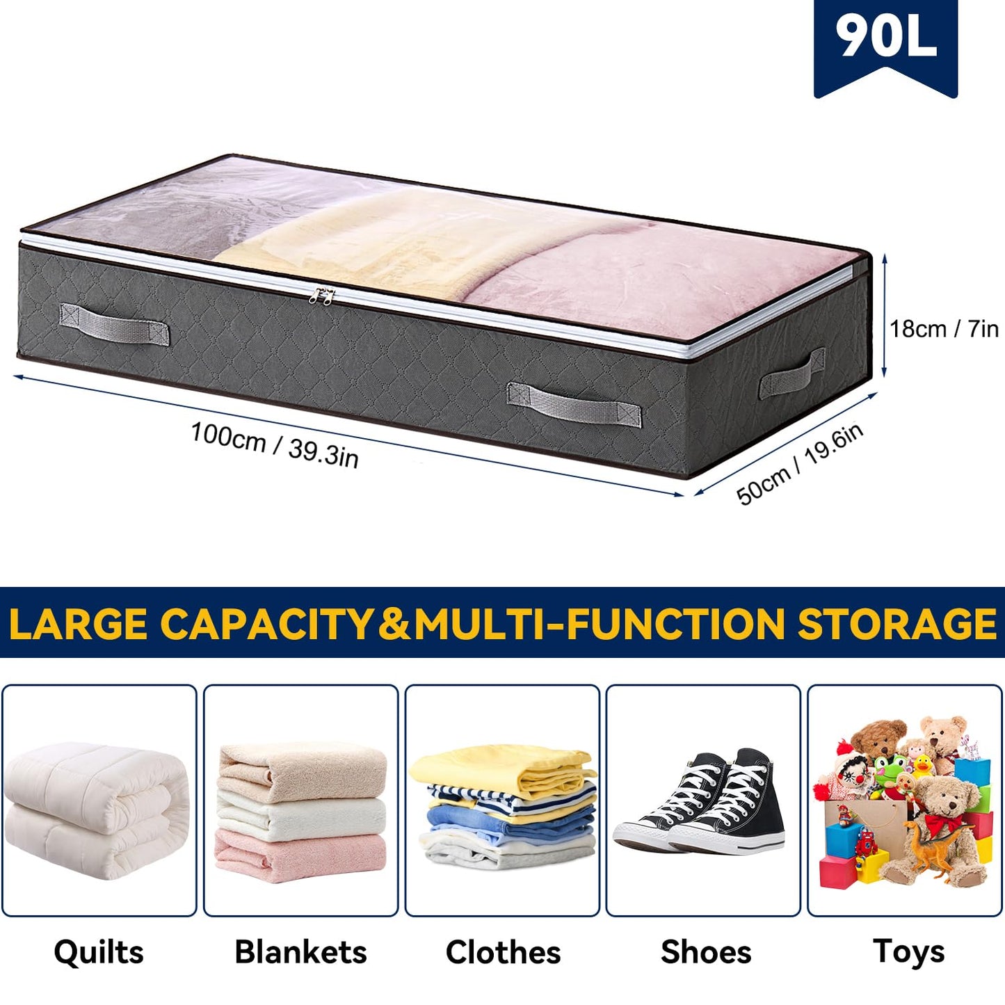 AIOR 2 Pack 90L Under Bed Storage Bags, Large Capacity Closet Organizer Bags for Clothes, Comforters, Blankets, Bedding