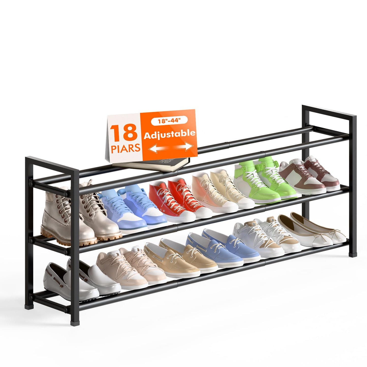 Bumusty 3 Tier Long Expandable Shoe Rack, Black