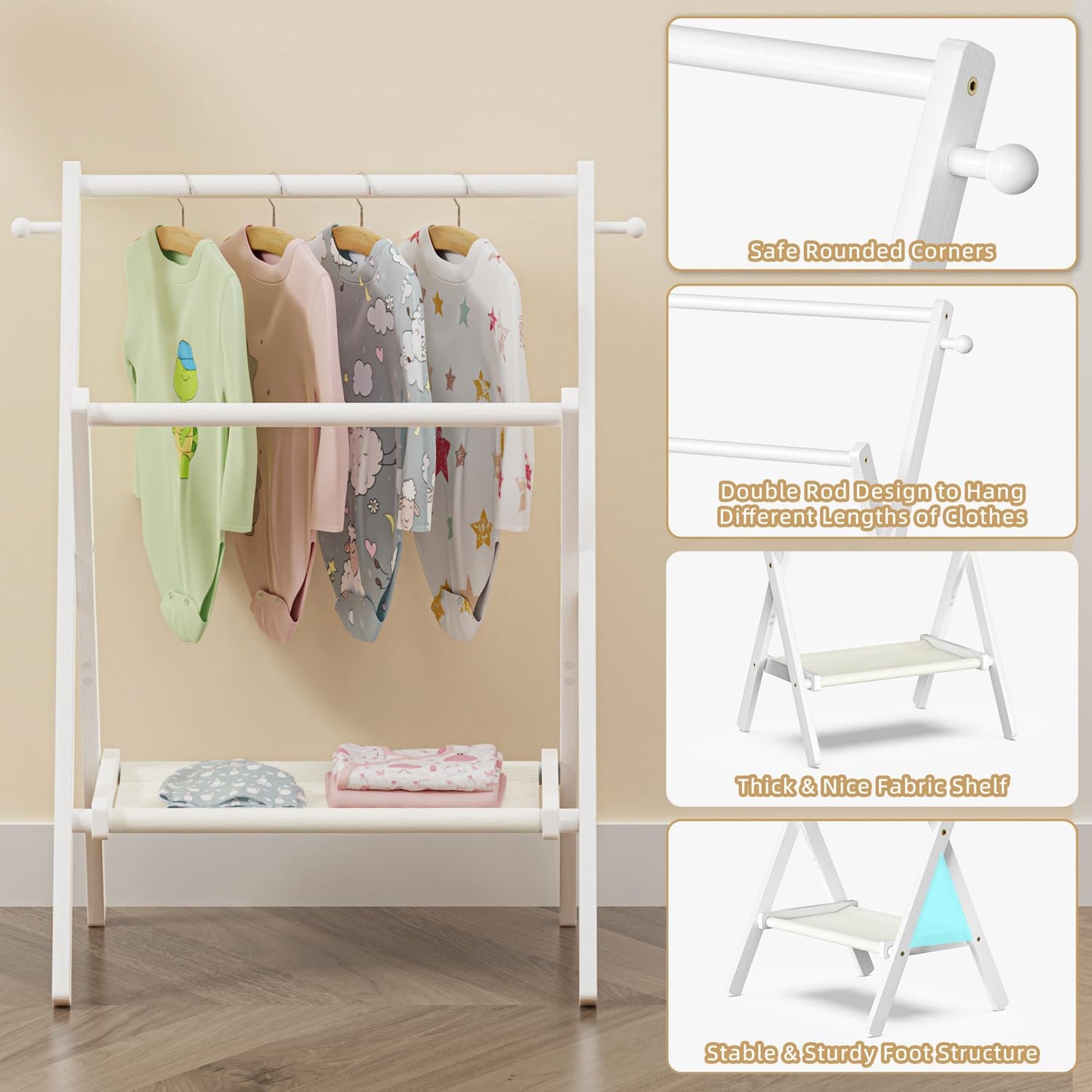 BAMBOOHOMIE Baby Clothing Rack for Baby Shower Pets Dolls, Baby Clothes Rack with Storage Shelf & Double Rods, Toddler Clothes Rack, Mini Closet Rack