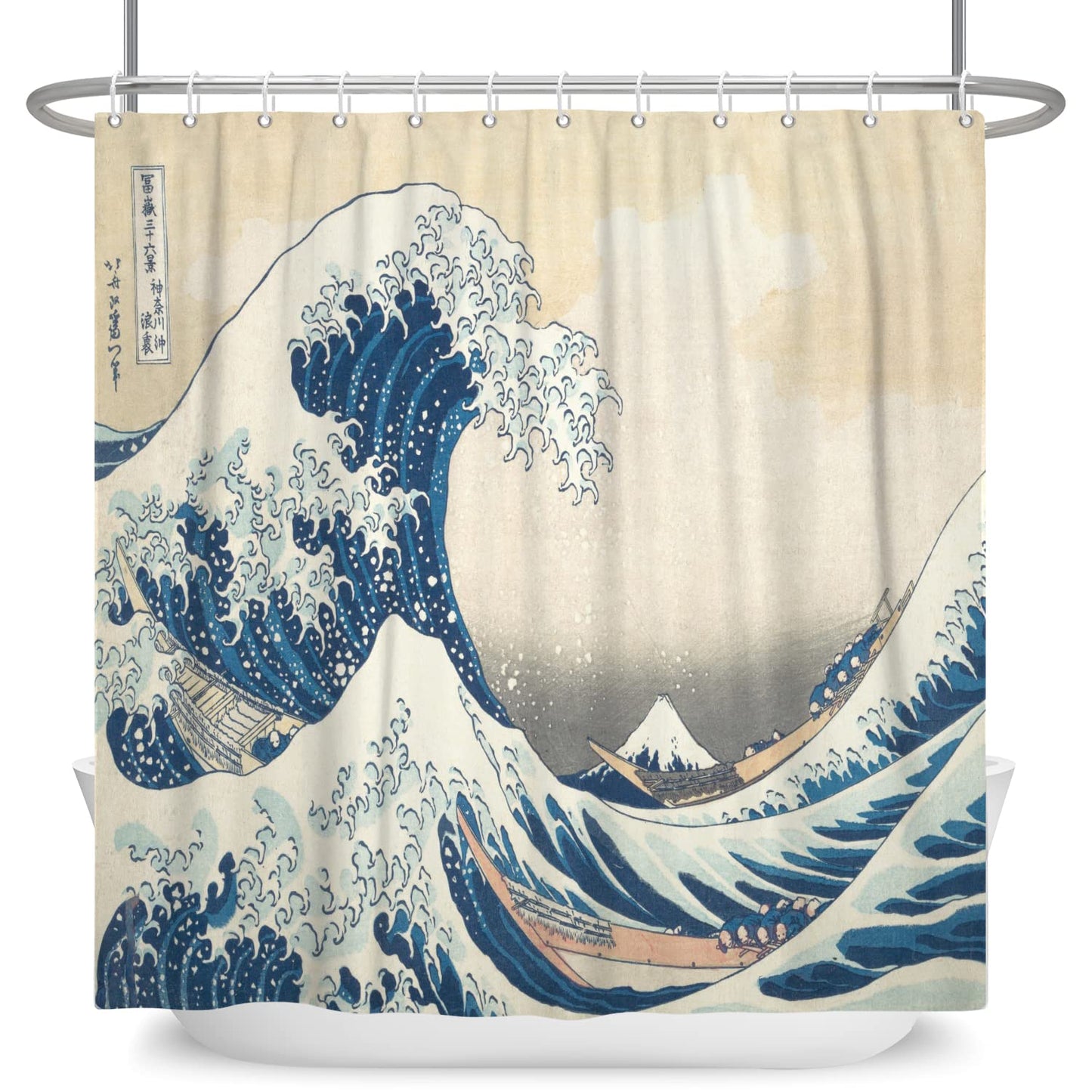 SDOTPMT 65x72inch Japanese Ocean Waves Shower Curtain Abstract Sea Wave Wooden Boat Bath Curtain Ukiyo-e Theme Fuji Mountain Bathtub Curtain for