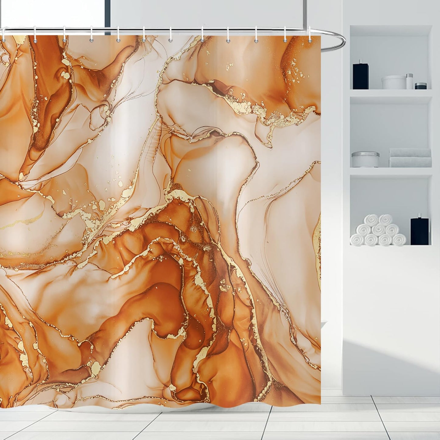 ASDCXZ Orange Marble Shower Curtain 180x200 cm, Modern Abstract Art Orange Gold Marble Optics Texture Waterproof Bath Curtain Polyester Textile