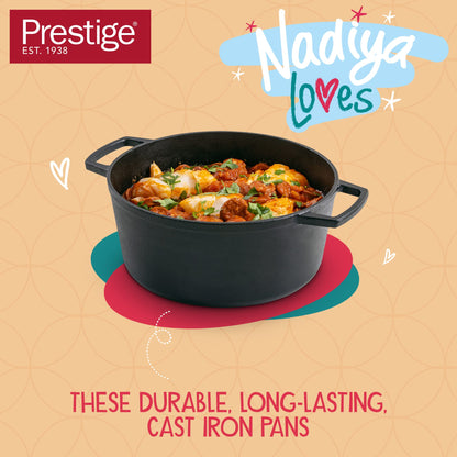 Prestige x Nadiya Cast Iron Casserole Dish with Lid - Black Cast Iron Dutch Oven Cooking Pots, 4.5L, Pre seasoned, Induction Suitable, Oven Safe &
