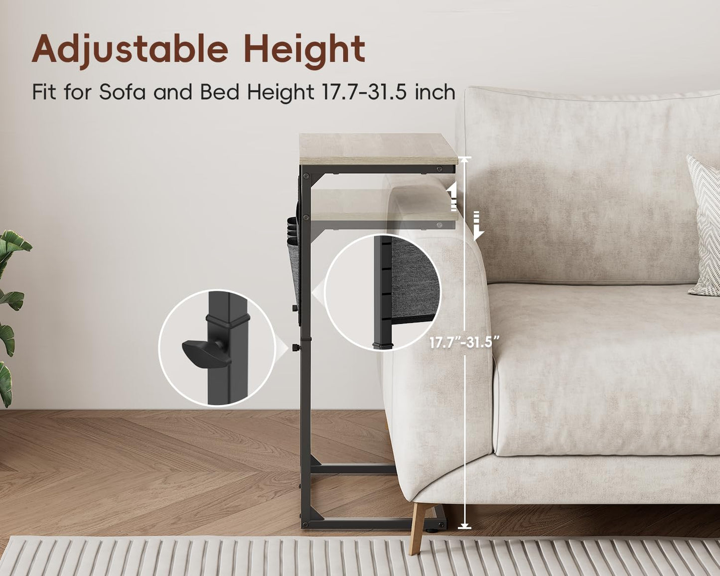 Vagusicc C-Shaped Side Table with Charging Station, Height Adjustable Sofa Side Table, Bedside Table, End Table for Small Spaces