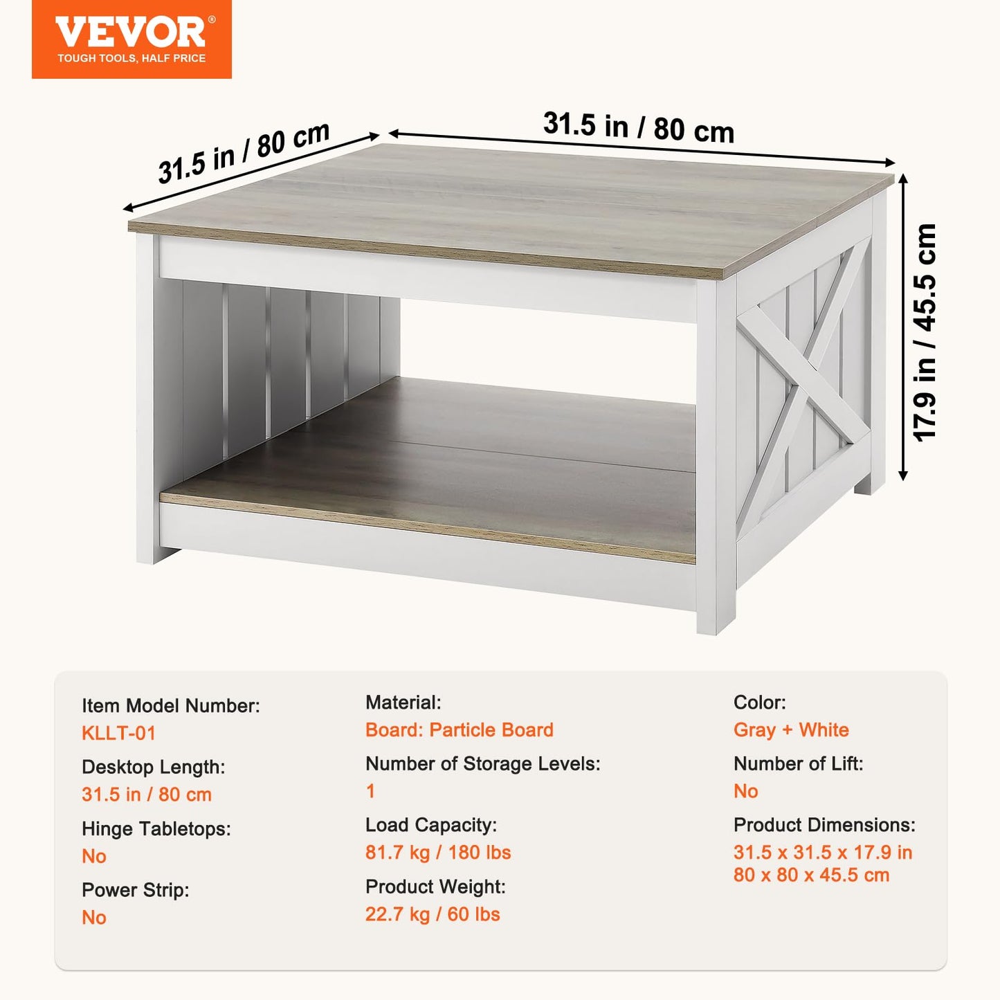 VEVOR 31.5" Farmhouse Coffee Table, Square Coffee Table with Open Storage Compartment, Wooden Rustic Cocktail for Living Room, Bedroom, Apartment