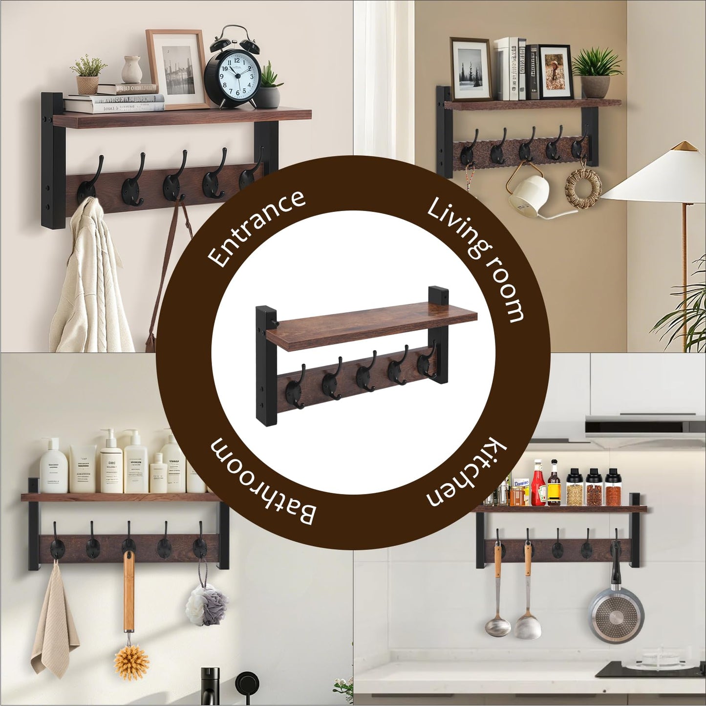 Coat Rack Wall Mounted - Coat Hooks Wall Mounted with 5 Coat Hooks Removable Floating Shelf for Kitchen, Bedroom, Bathroom, Rustic Brown