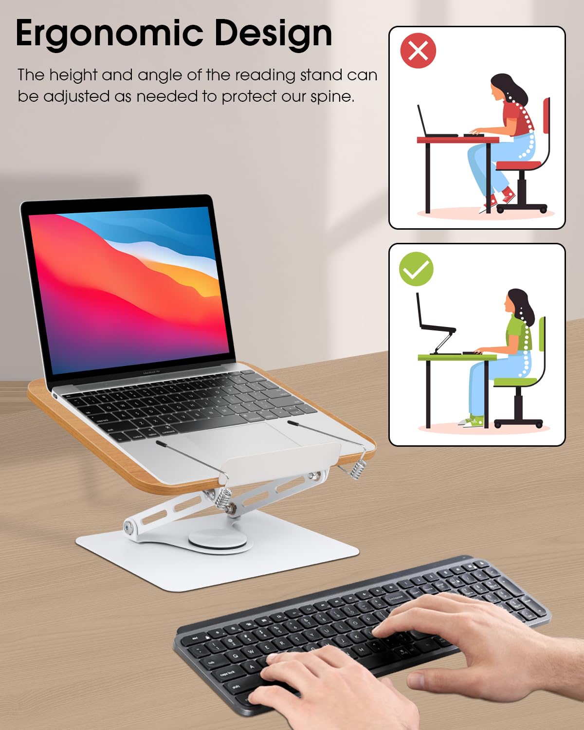 Wooden Book Stand for Reading, 360°Adjustable Book Holder Foldable Recipe Cook Book Stand for Kitchen Book Display Stand with Elastic Page Clips for