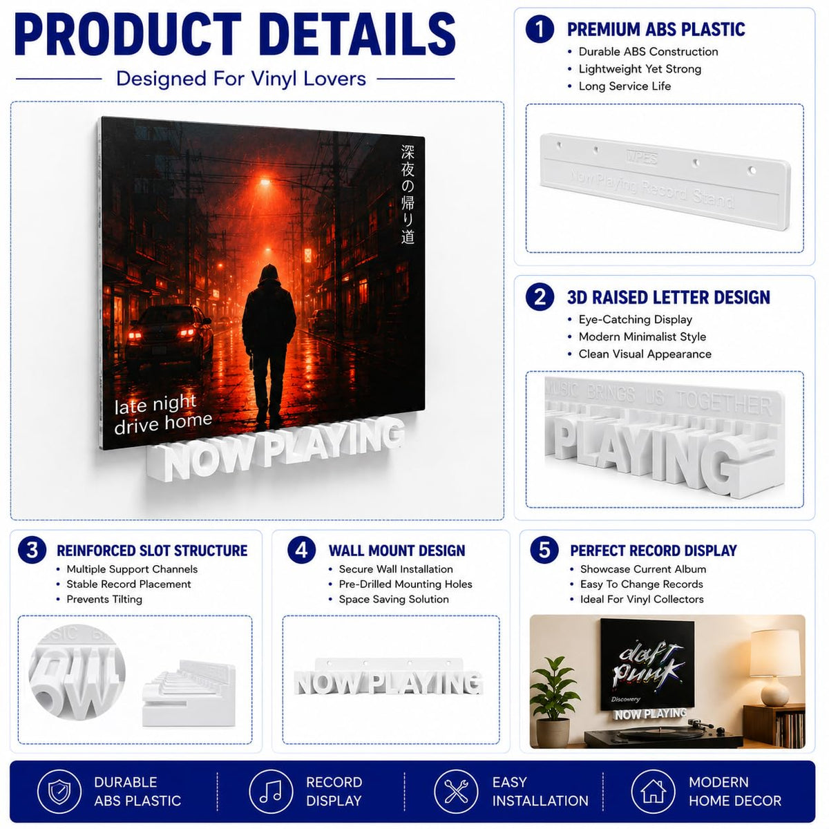 WPESI Now Playing Vinyl Record Stand, Wall Mount Display for Albums - Hanging Record Storage Holder White