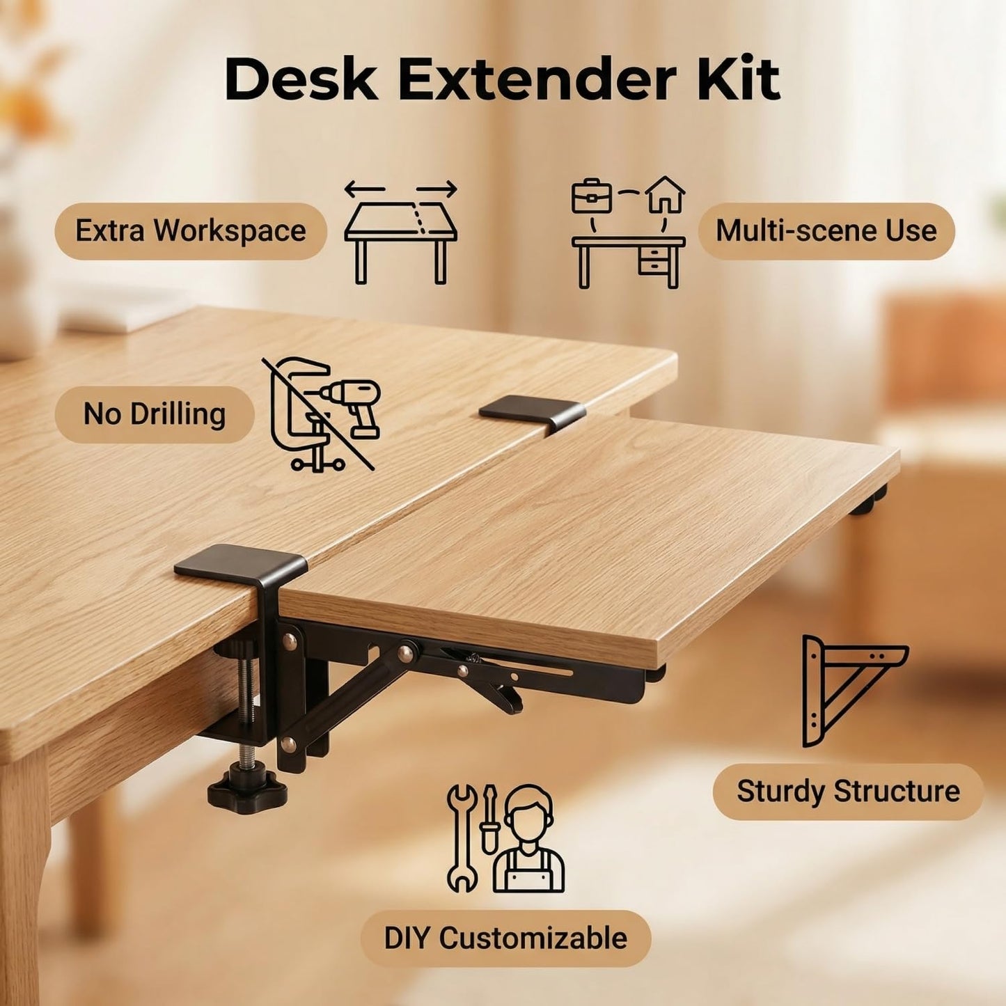 Adjustable Desk Extender,Folding Shelf Bracket with Table-Mount Clip,2 Pcs