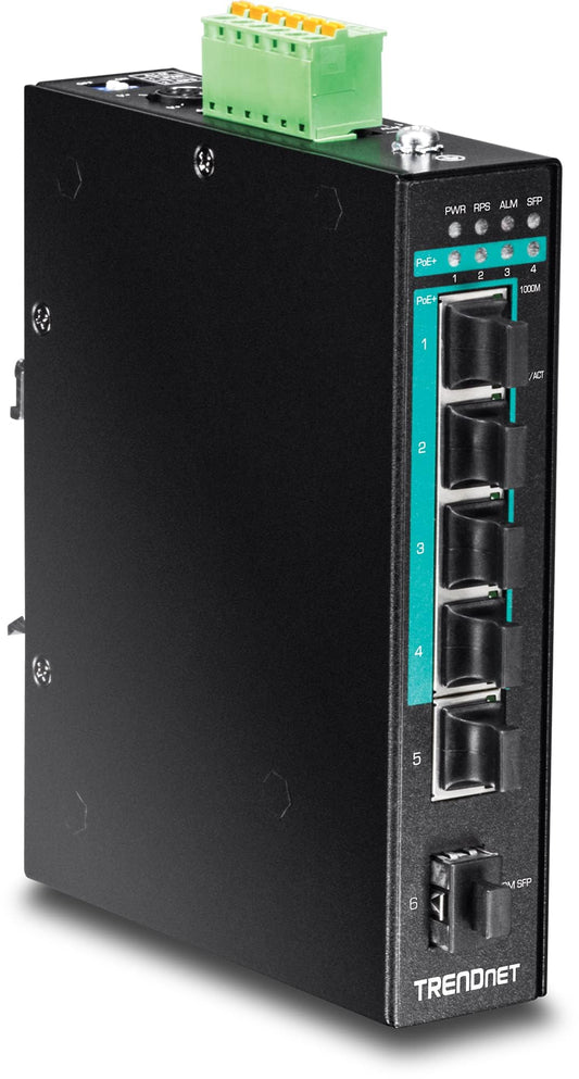 TRENDnet 5-Port Hardened Industrial Gigabit PoE+ DIN-Rail Switch, TI-PG541, 120 W Power Budget, 1 x SFP Slot, IP30 Rated Ethernet Unmanaged Switch,