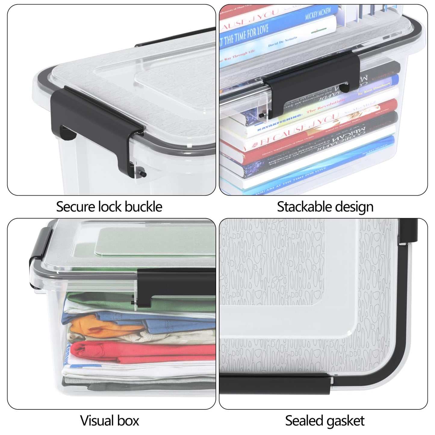 Parlynies 10 L Airtight Clear Plastic Storage Box, Stackable Storage Bin with Seal Lid, 2 Packs