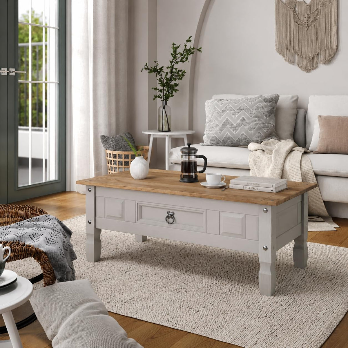 Corona Coffee Table Grey 1 Drawer Mexican Waxed Pine, Solid Wood Occasional