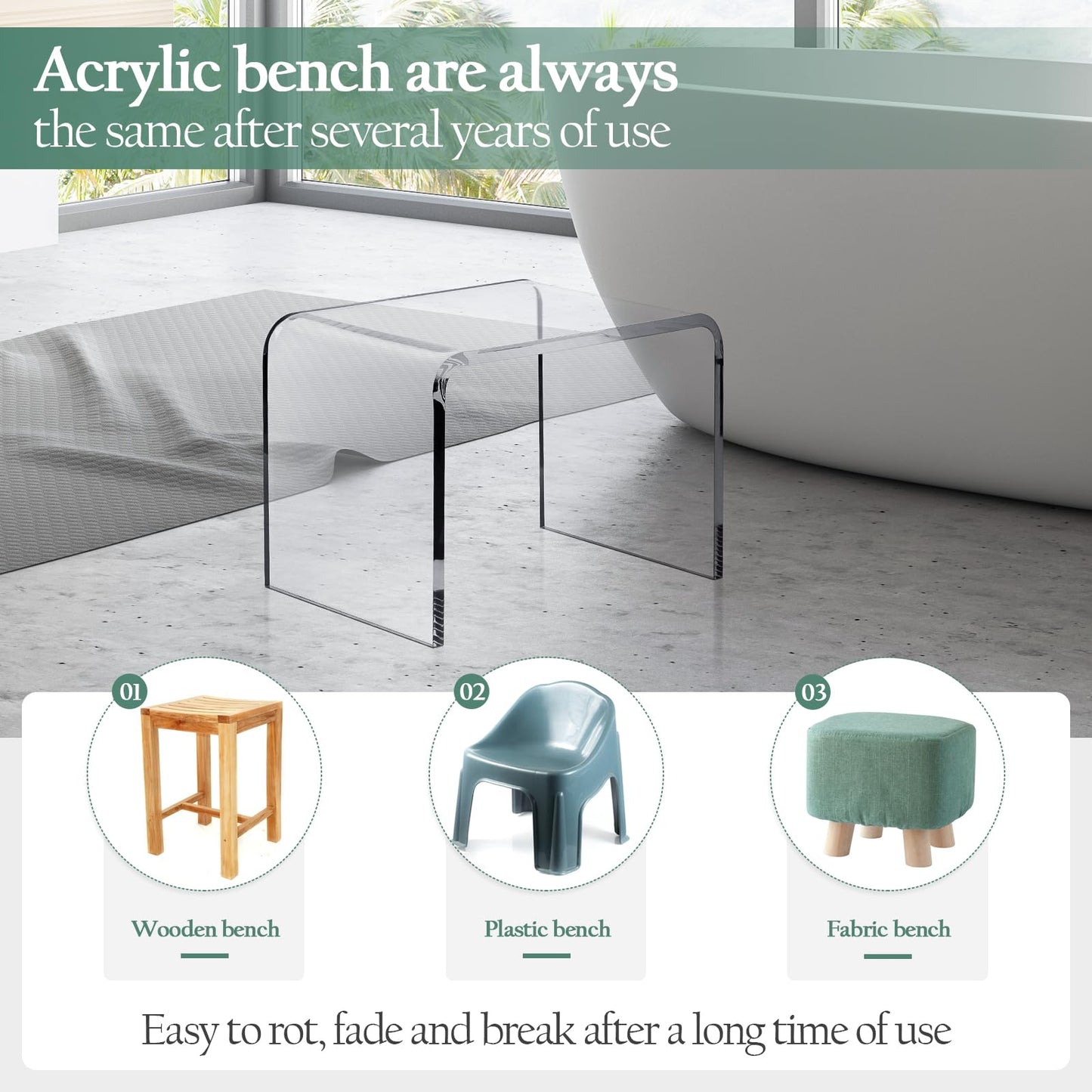MYOYAY Clear Acrylic Shower Stool Acrylic Shower Bench Waterproof Transparent Chair for Bathroom Kitchen Bedroom Backless See Not-slip Shower Stool