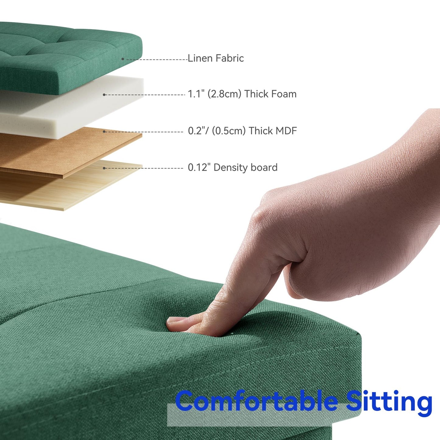 BRIAN & DANY Ottoman Storage Box with 4 Wood Legs, Linen Storage Ottoman for Living Room, Dark Green, 76 x 38 x 38 cm