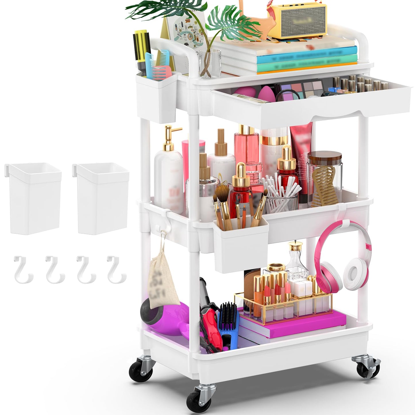 Yeabett 3 Tier Storage Trolley with Drawer, Utility Cart with Plastic Shelf & Lockable Wheels Multifunctional Storage Cart for Kitchen, Bathroom