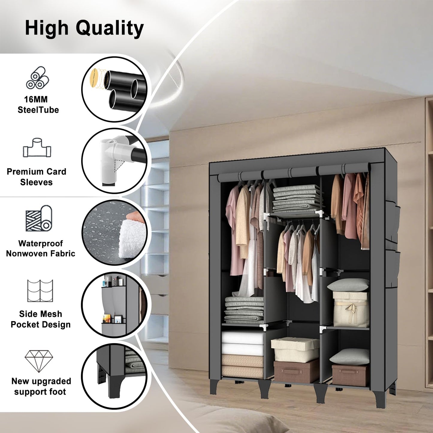 OPPAIYA Canvas Wardrobe, Portable Wardrobe With 3 Hanging Rails, 6 Shelves and 8 Side Bags, 165 * 45 * 125cm Temporary Storage Closet