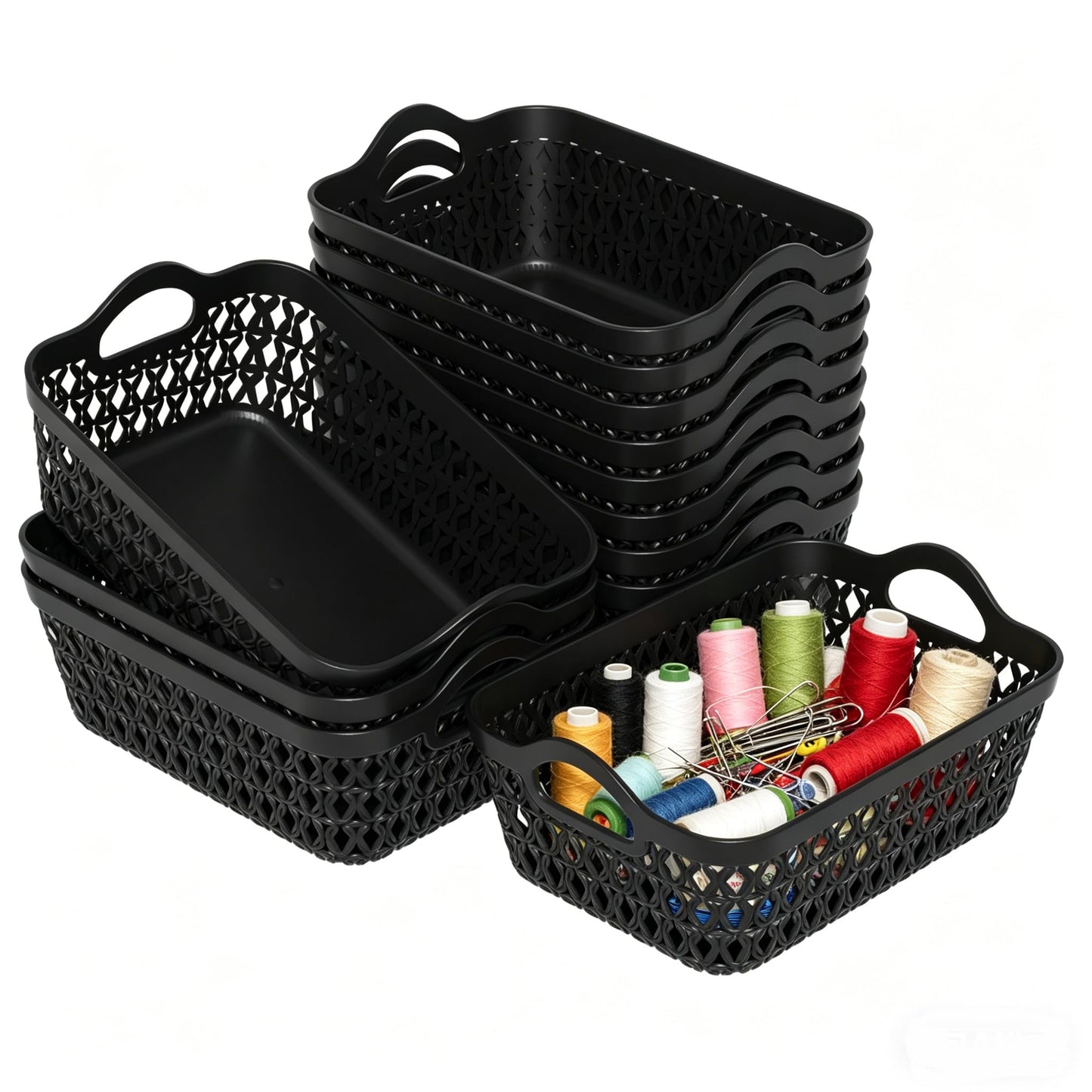 Afromy 12-Pack Mini Desktop Basket, Plastic Storage Basket Tray with Handle, Black