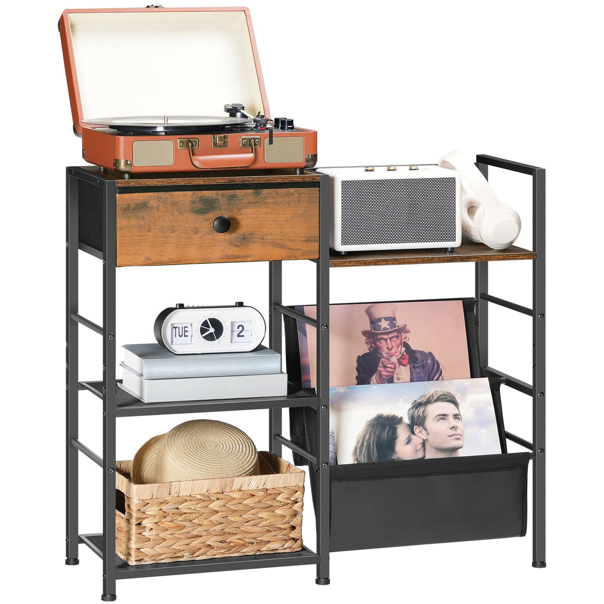 HOOBRO Record Player Stand, End Table with Vinyl Storage, 4 Tier Vinyl Record Storage, Side Table with Open Shelves, Turntable Stand for Living Room
