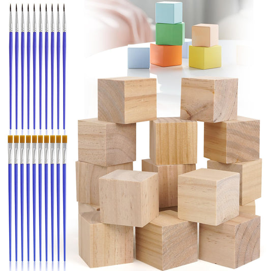 16 Natural Wooden Blocks, 5x5x5CM Solid Wood Square Blocks, Unfinished Smooth Wooden Cube, SquareWood Blocks Cubes with 2 Sets of Drawing Pens,