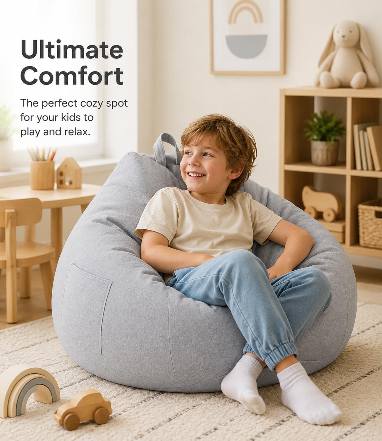 Highdi Kids Bean Bag Without Fillings - Cotton Linen Durable & Comfortable, Light Grey Storage Bean Bag Chair for Living Room/Gaming Room