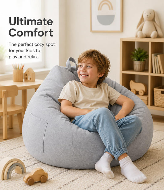 Highdi Kids Bean Bag Without Fillings - Cotton Linen Durable & Comfortable, Light Grey Storage Bean Bag Chair for Living Room/Gaming Room
