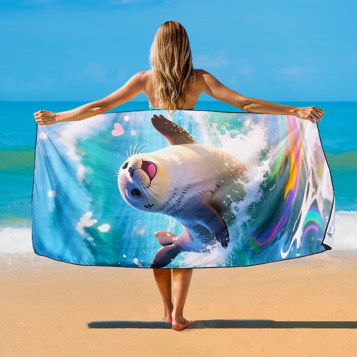 Violetpos Rainbow Wave Seal Beach Towel, Extra Large 180x90 cm 250GSM Microfibre, Sand Free Quick Dry