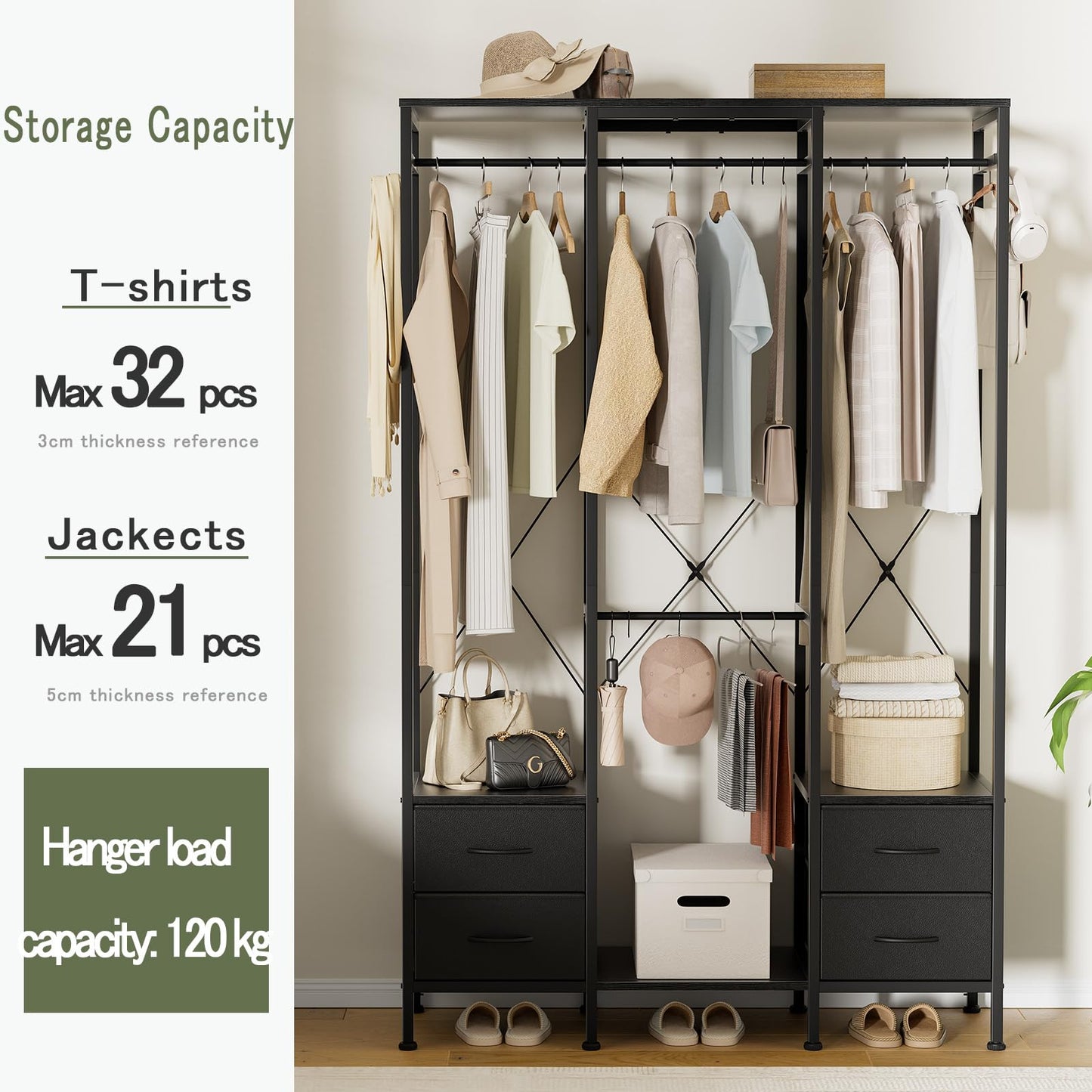 Mintnook Heavy Duty Clothing Rail，Wardrobe with 4 Drawers，Black