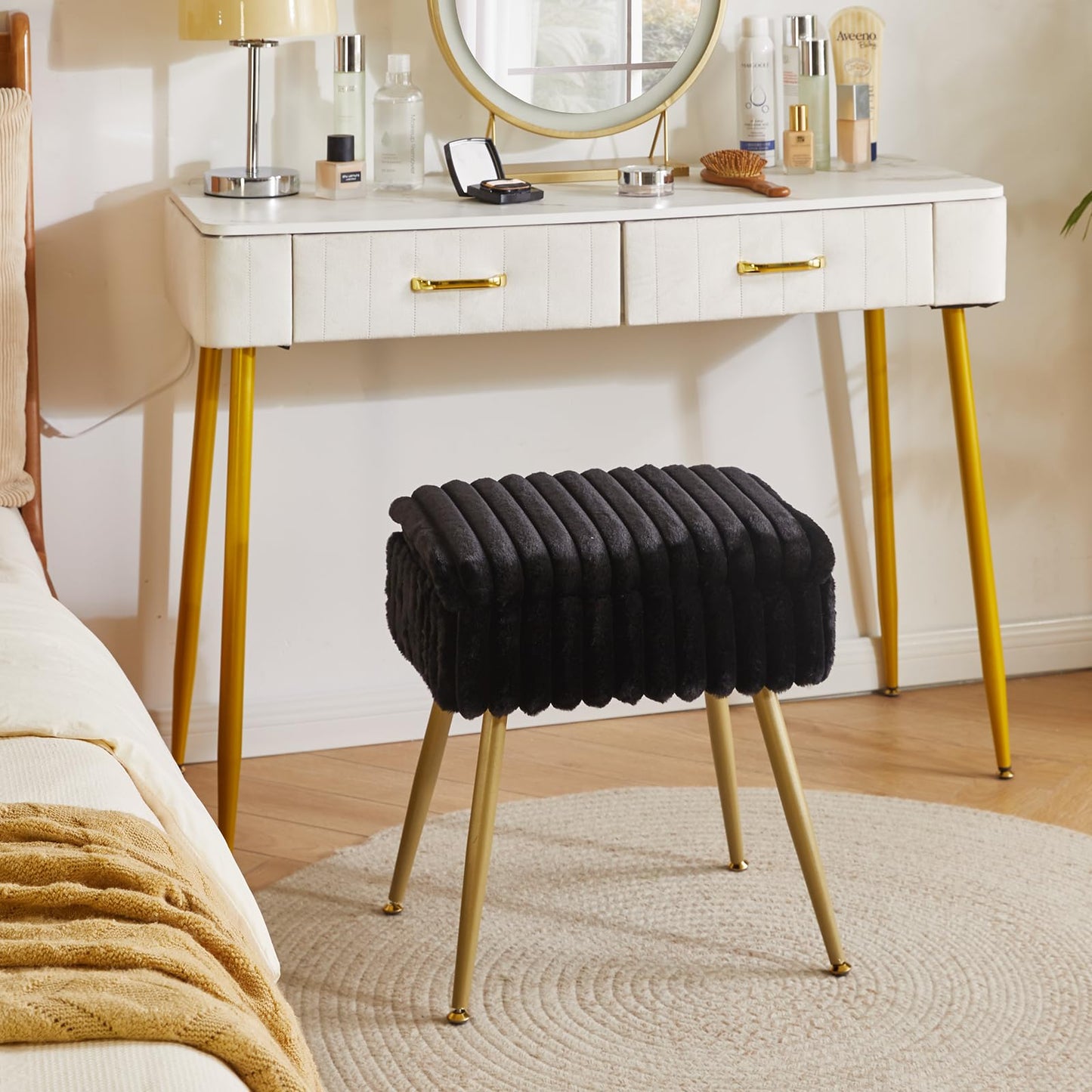 Aibiju Velvet Dressing Table Stool, Rectangular Vanity Stool with Storange, Make up Chair with 4 Metal Legs for Makeup Room, Bedroom, Black YD-MS151B