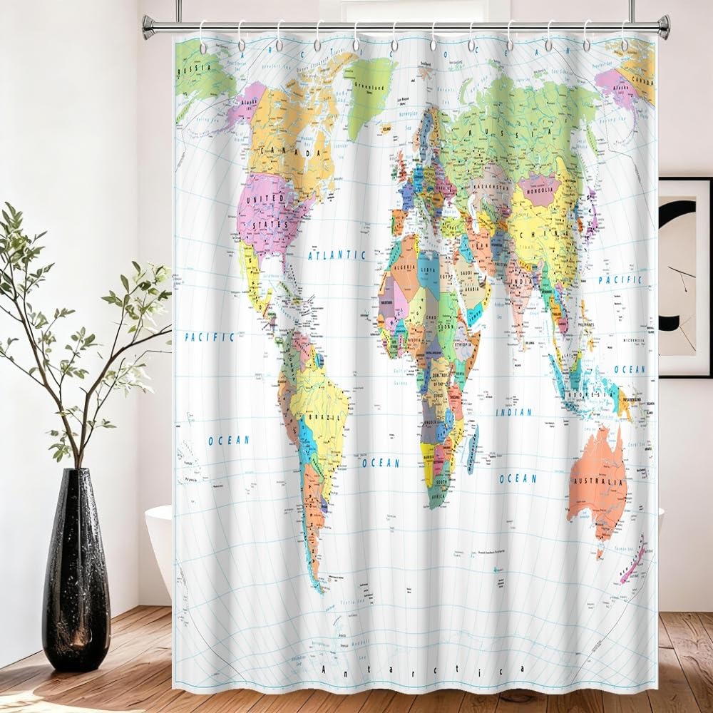 Xiaoterna World Map Shower Curtain Colorful Nautical Map Ocean Bathroom Curtain White Coastal Ocean Shower Curtain for Bathroom Machine Washable