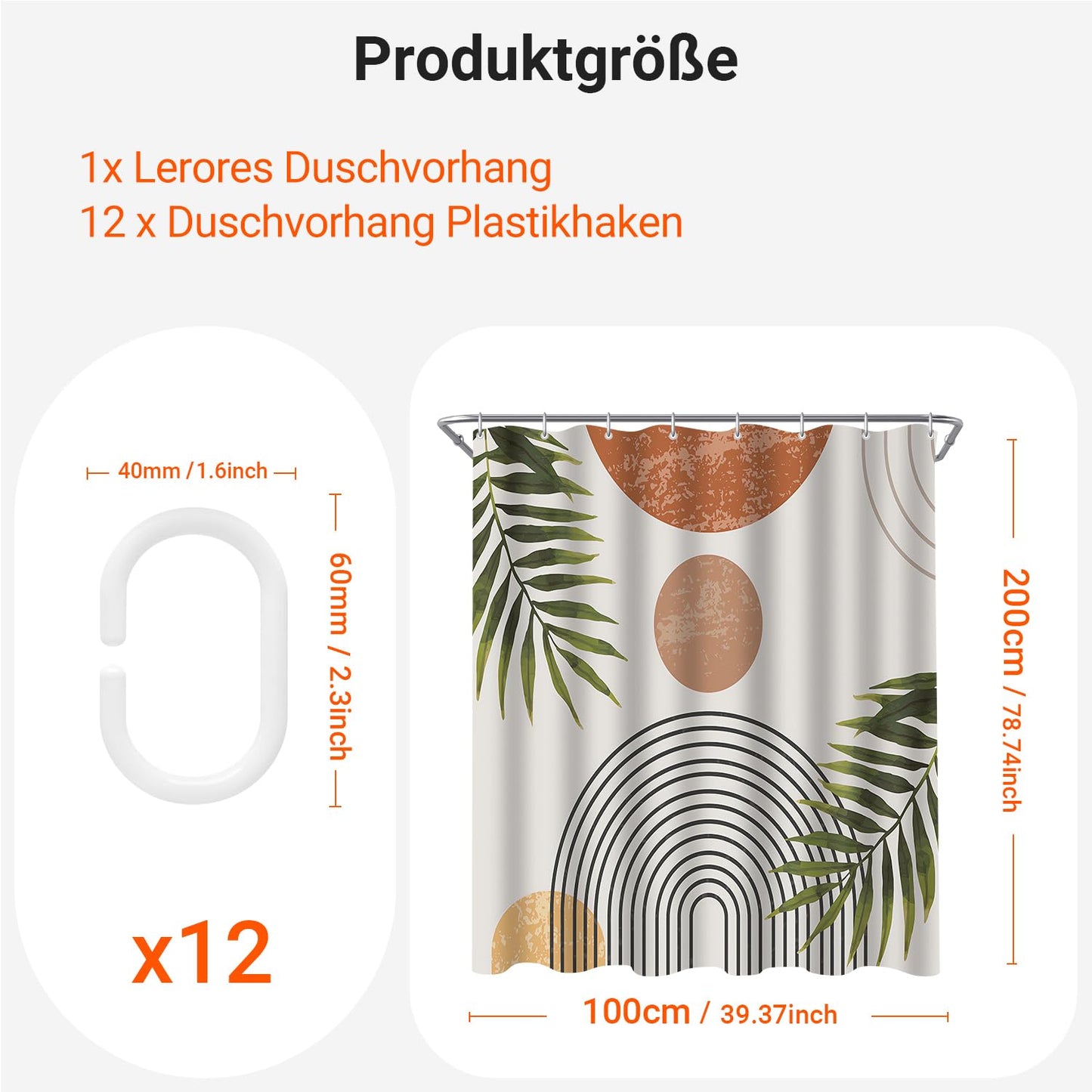 Lerores Shower Curtain 100 x 200 cm Leaves Line, Weighted Hem, Anti-Mould Textile, Water-Repellent