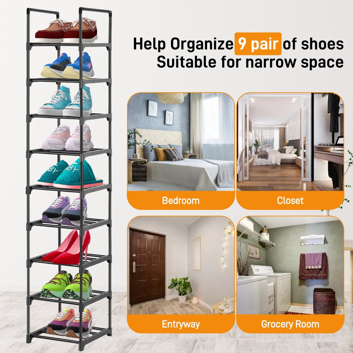Dyserbuy 9 Tier Shoe Rack, Tall Shoe Storage Organiser, Narrow Shoe Rack Slim, Vertical Shoe Stand Shelf for Closet, Living Room, Bedroom, Entryway