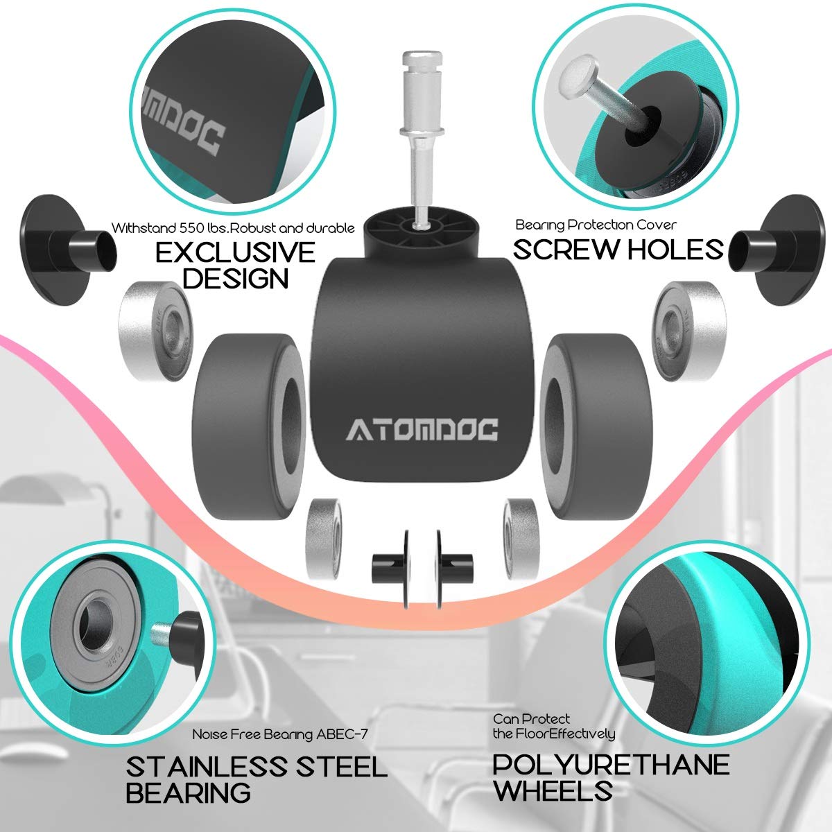 2 Inch Office Chair Replacement Wheels by ATOMDOC, Newly Revolutionary Quadruple Ball Bearing Design，Heavy Duty & Safe Protection for All Floors