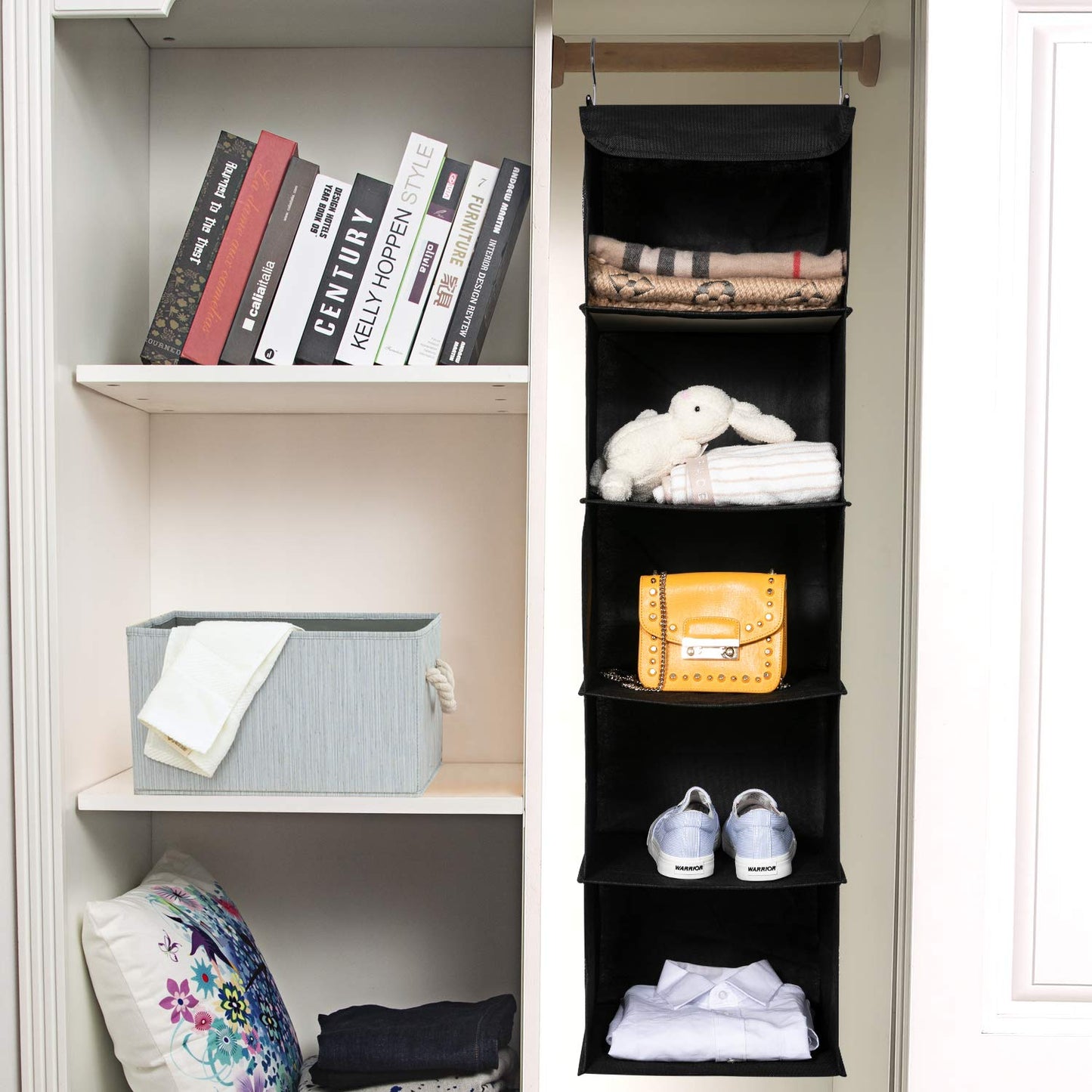 BrilliantJo Hanging Storage with 5 Shelves Set of 2 Wardrobe Closet Organiser, Storage Shelves Unit with 6 Pockets for Clothes