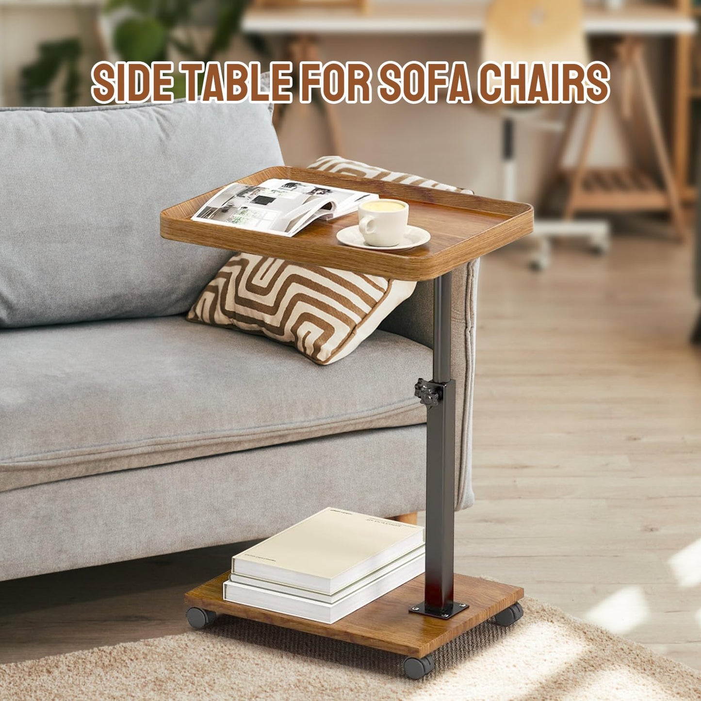 YYW Adjustable C Shaped Side Table with Wheels, 360° Swivel Sofa Table