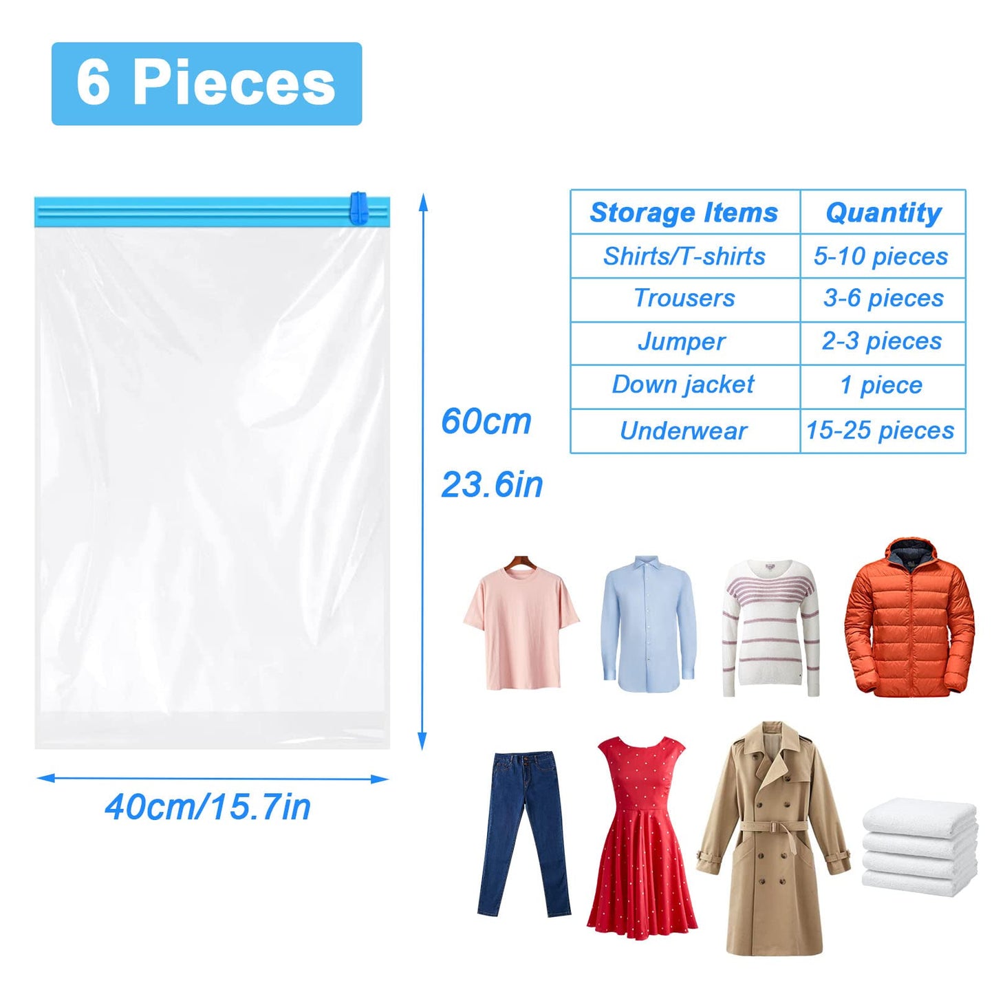 KEYRI 6 PCS Travel Roll Up Storage Bags - Vacuum Compression Bags for Suitcases, Bedding - No Pump Needed - 60 x 40 cm (6 Pieces)