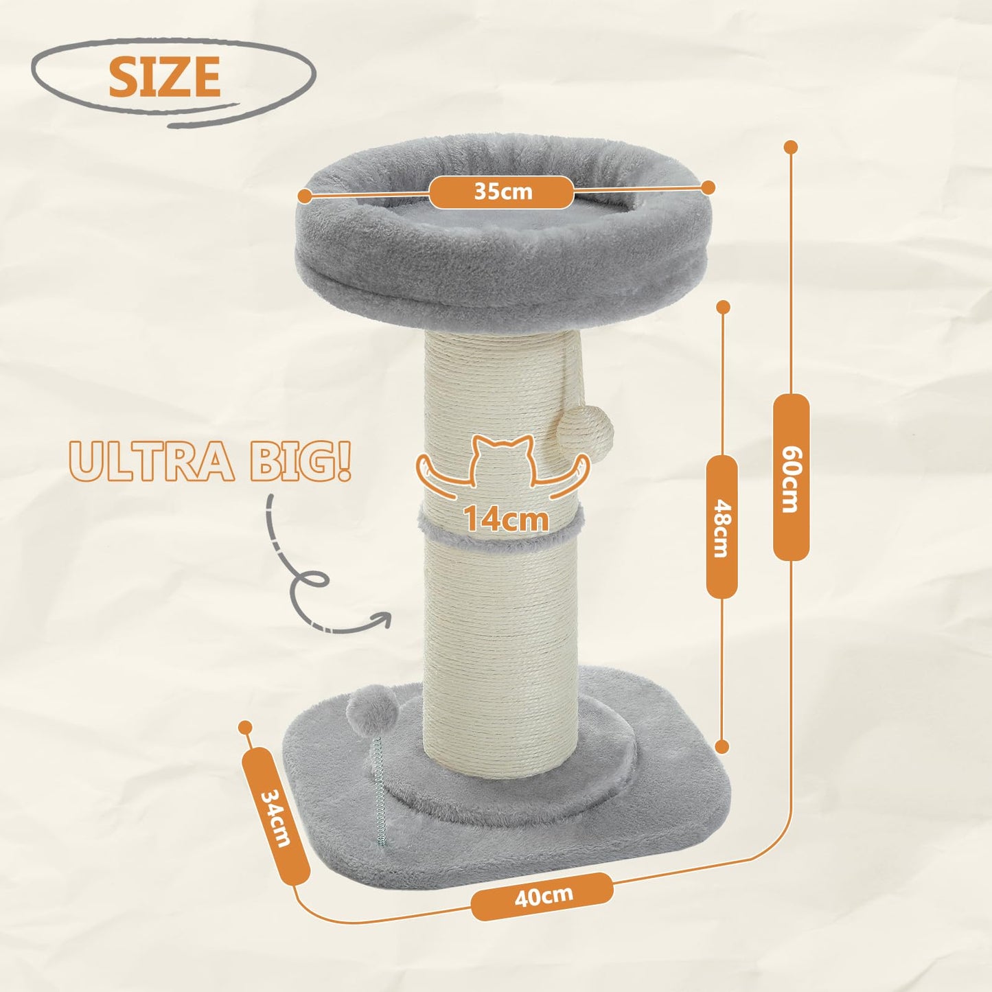 PAWZ Road Cat Scratching Post, Tall Cat Scratcher for Indoor Cats with Super Thick Scratching Post [Dia=14cm], Removable Fluffy Cat Bed, Cat Scratch