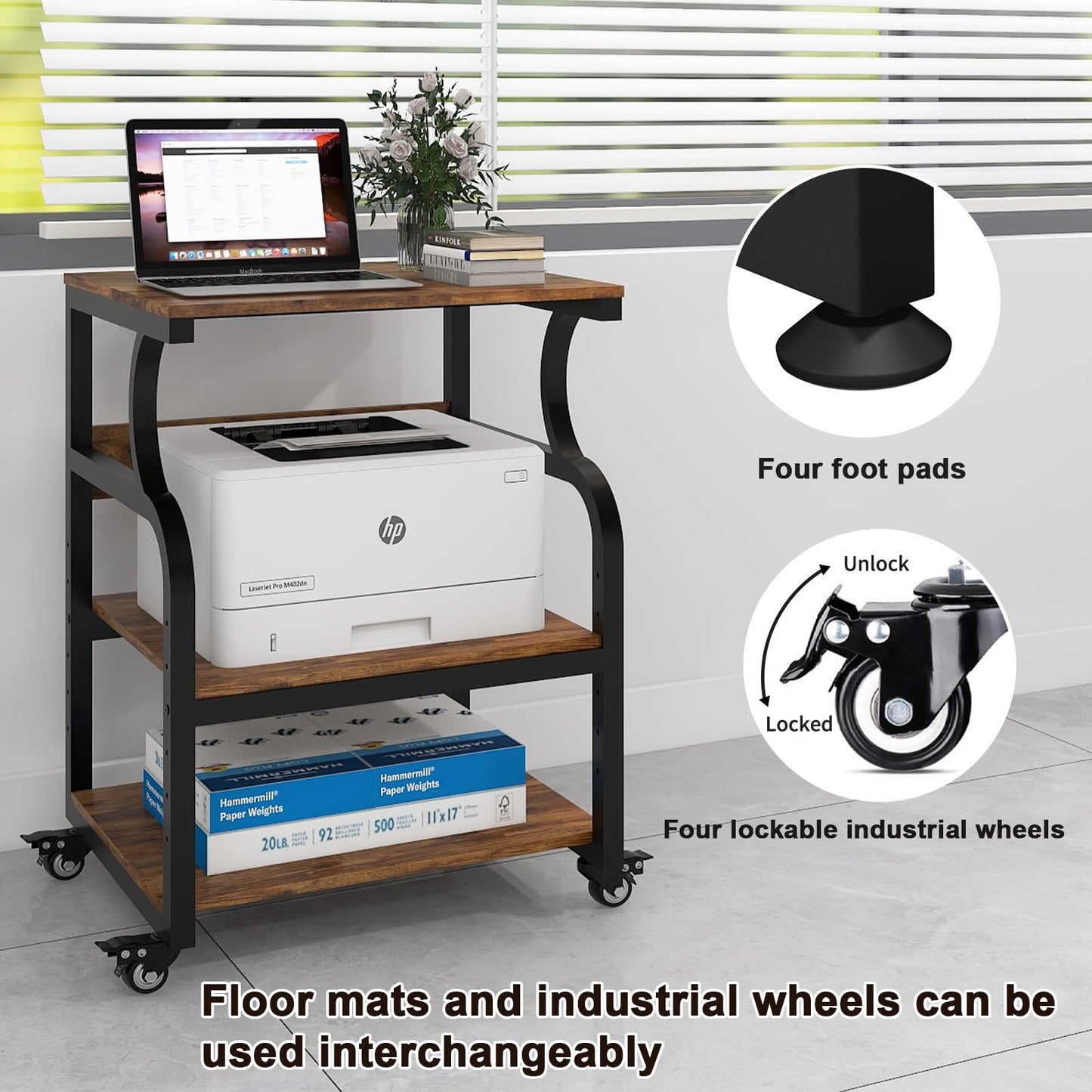 PUNCIA 3-Tier Movable Printer Stand Table with Storage for Home Office