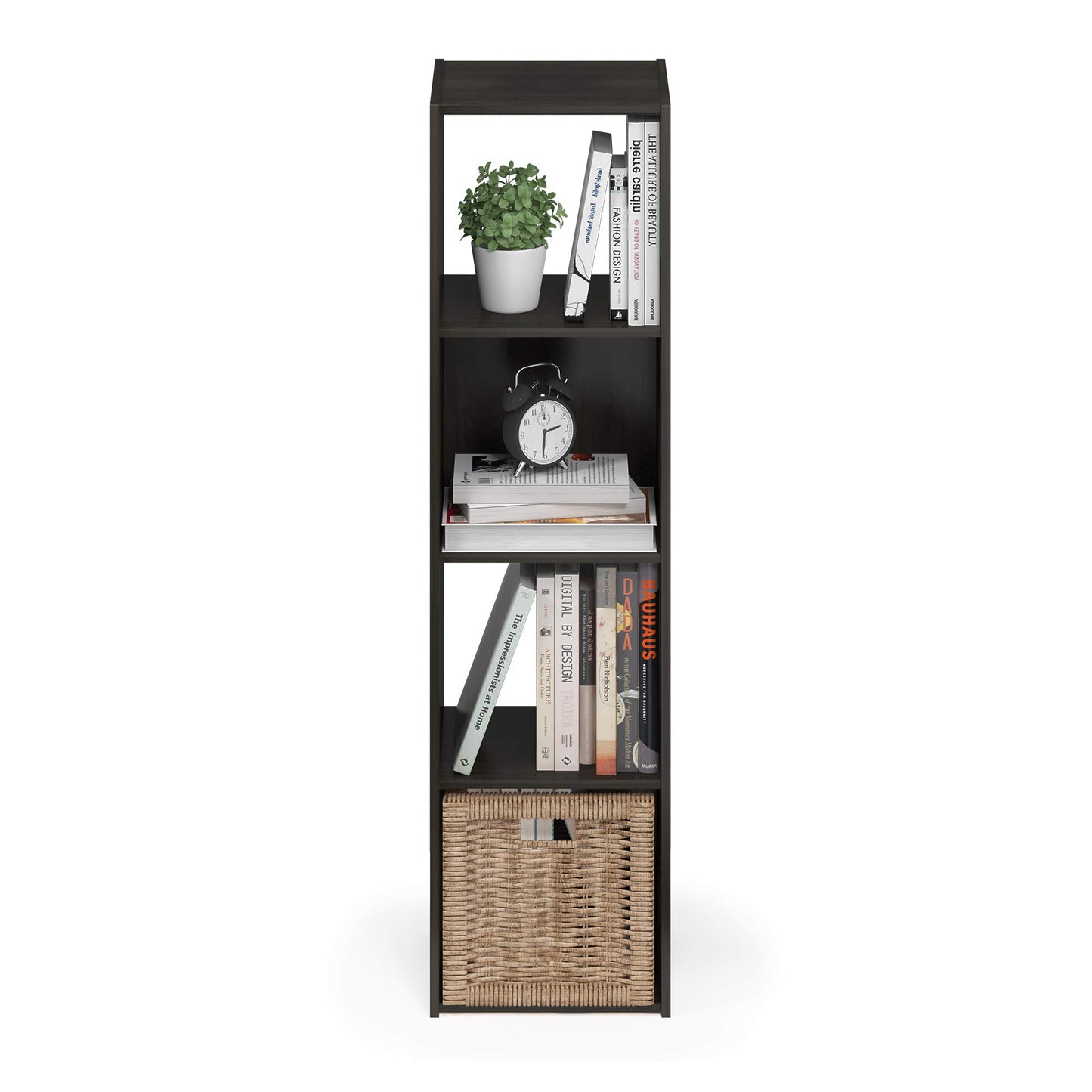 Furinno PELLI Book Shelf, 4x1 Bookshelf, Cube Storage Organizer Cabinet, 11.6 x 12.2 x 47.7, for Living Room, Bedroom, Home Office, Espresso