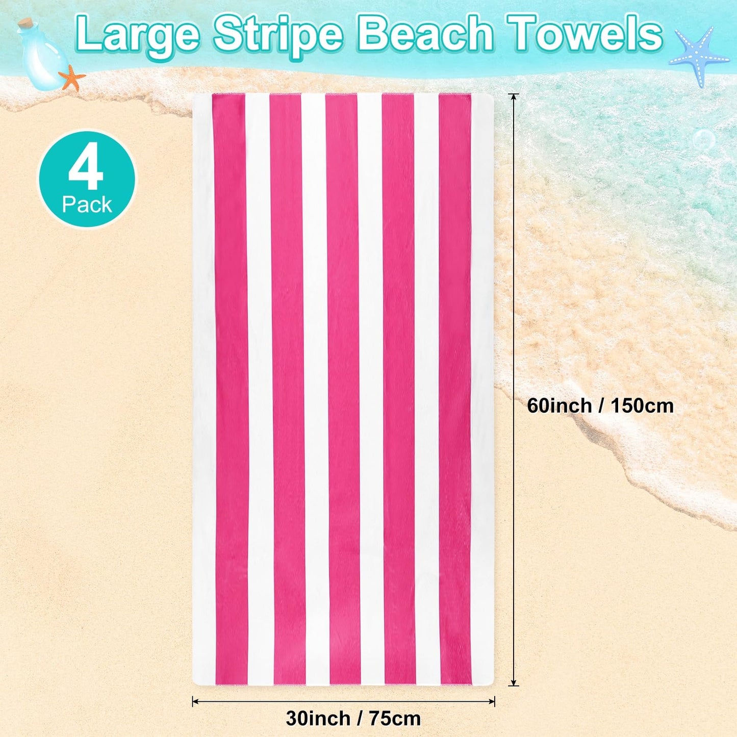 M METERXITY 4-Pack Large Stripe Beach Towels 30x60in Rose Red