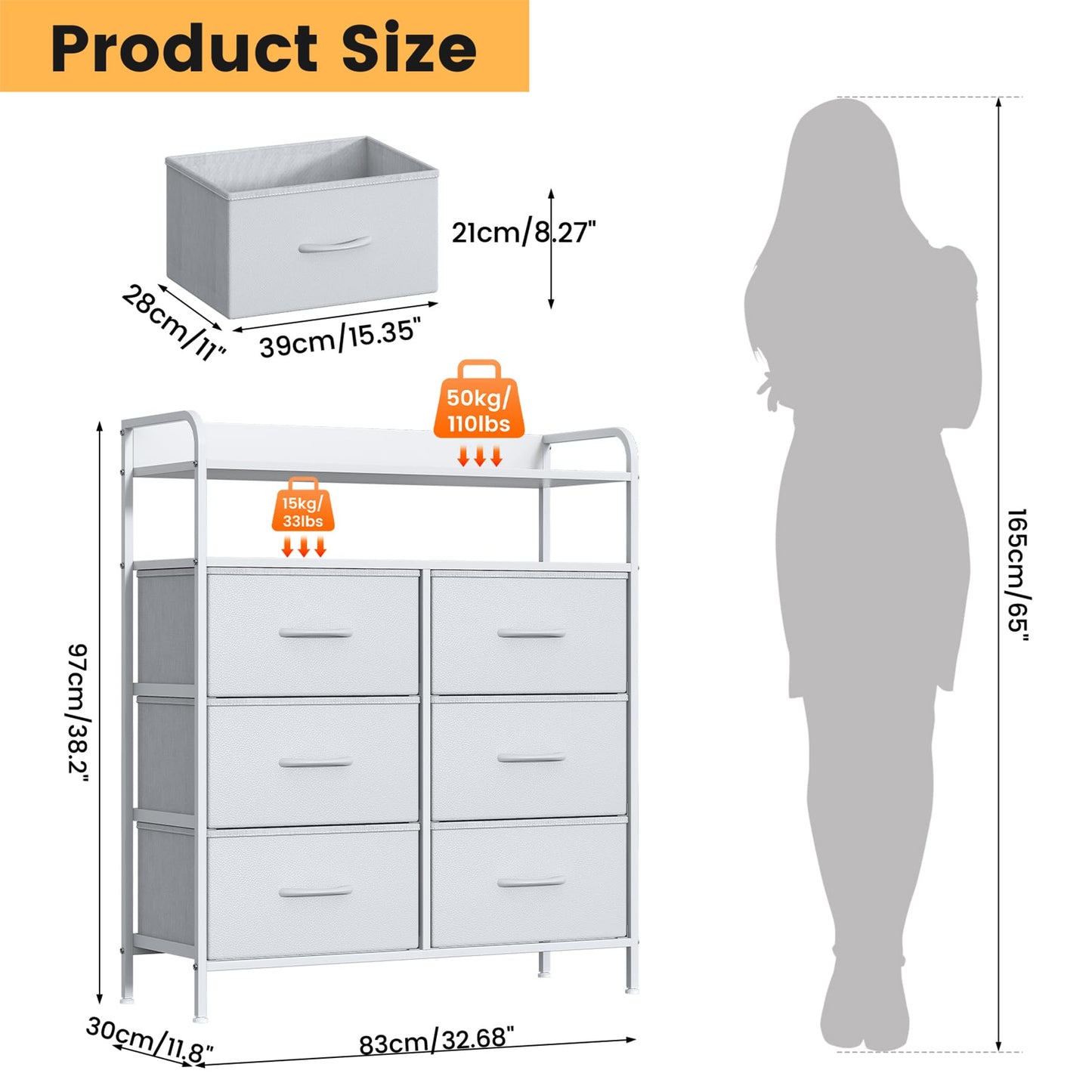 Feonase 6 Drawer Fabric Chest Of Drawers, Double Wooden Top Fabric Storage Tower - Sturdy Steel Frame Dresser for Bedroom/Living Room/Baby Room