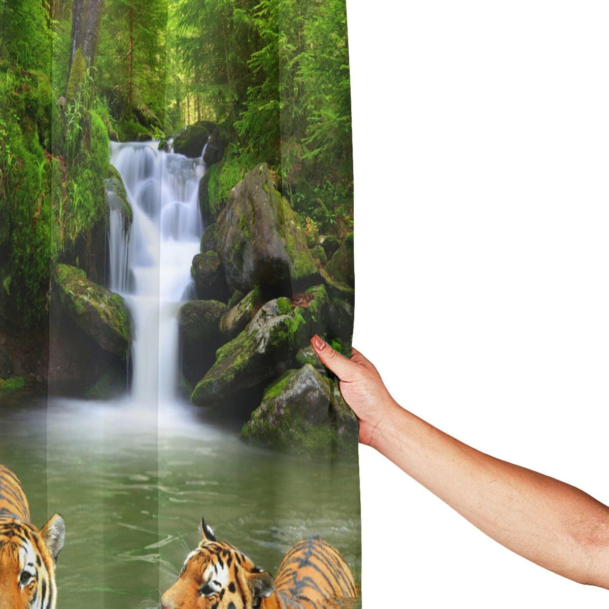 YUAOEUR 3D Garden Shower Curtain 79x72 Inch Tropical Waterfall Tigers Lake Jungle Forest Picture Outdoor Garden Green Trees Bathroom Personalized