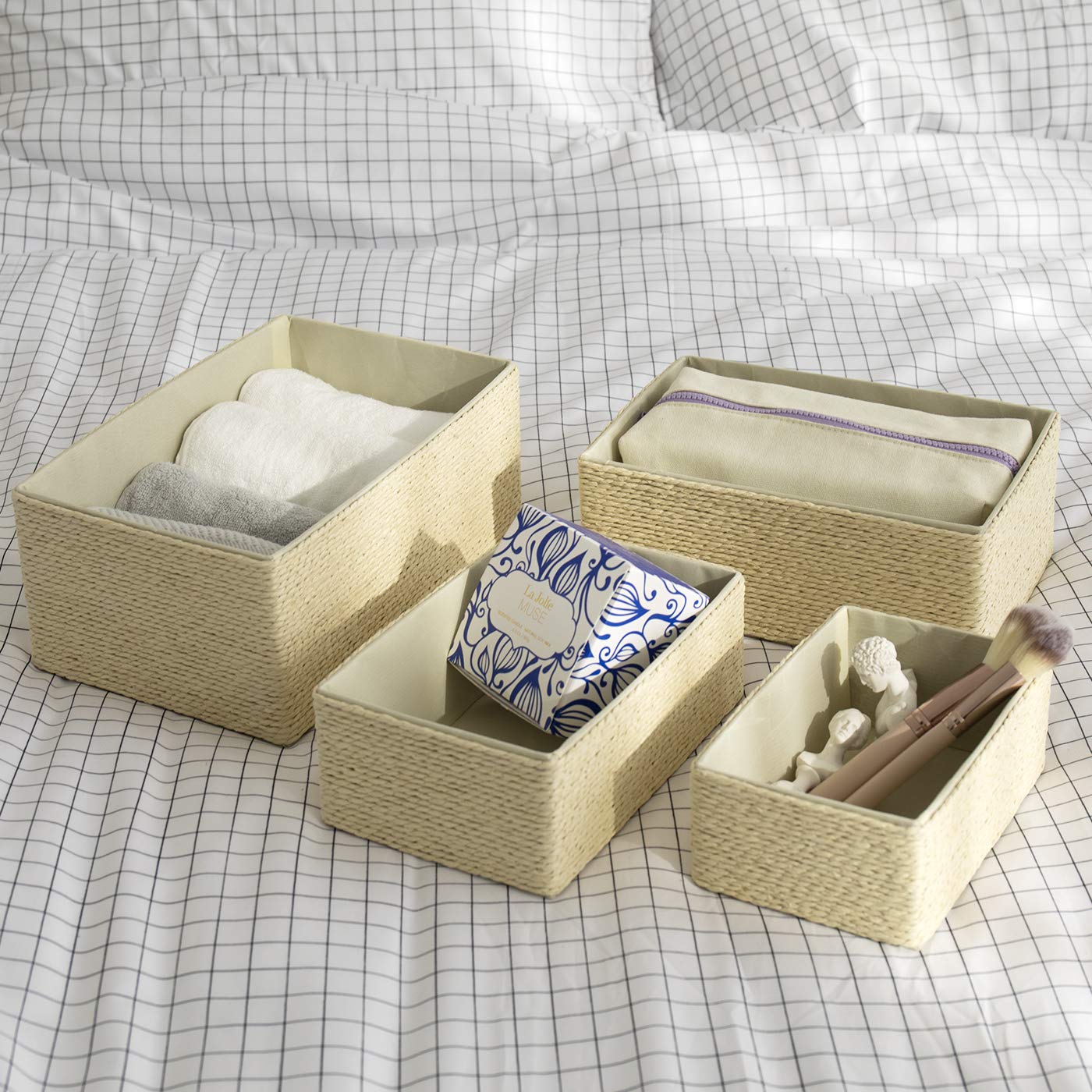 LA JOLIE MUSE Paper Rope Woven Storage Basket Set of 4 with Fabric Liner, Stackable Multipurpose Organizer Bin,Beige