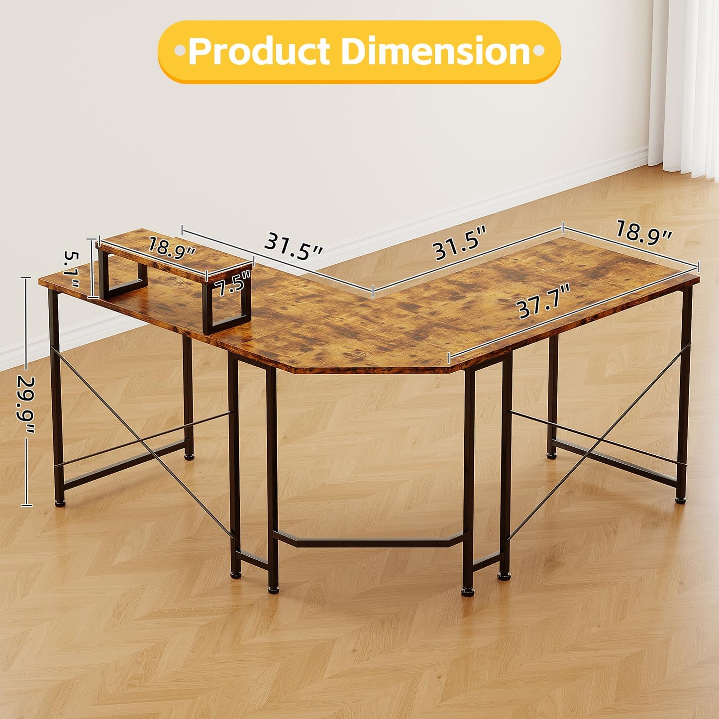 CAIYUN Corner Desk, 50" L Shaped Gaming Desk with Removable Monitor Stand, Computer Desk for Home Office, Metal Frame, Brown