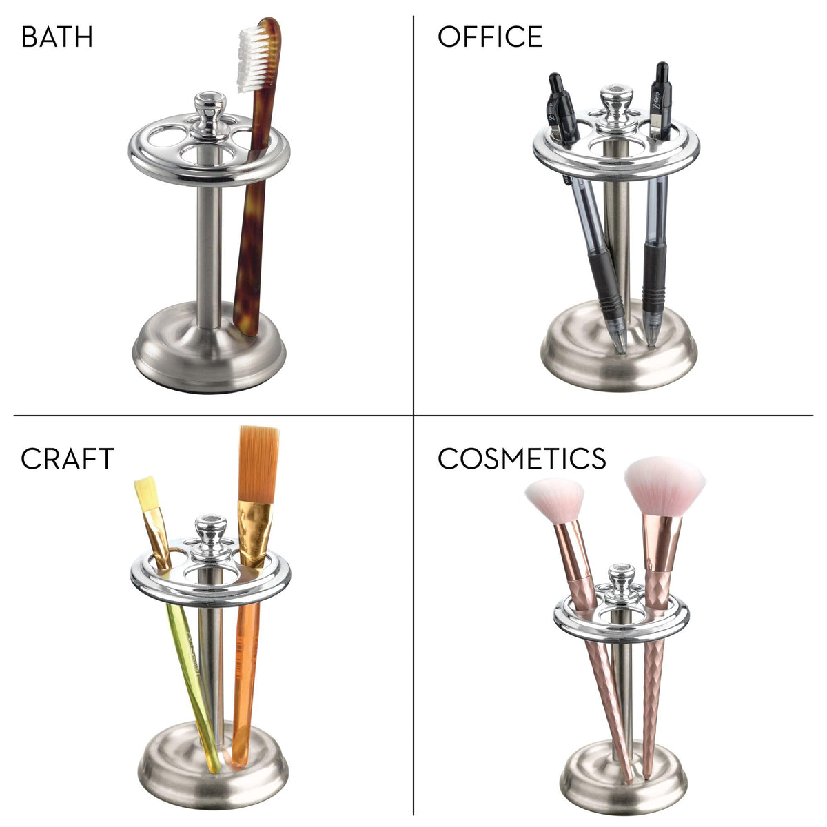 iDesign York Metal Toothbrush Holder/Stand for Cosmetic and Makeup Storage, Made of Stainless Steel, Split Finish,3.25” x 3.25” x 5.75”