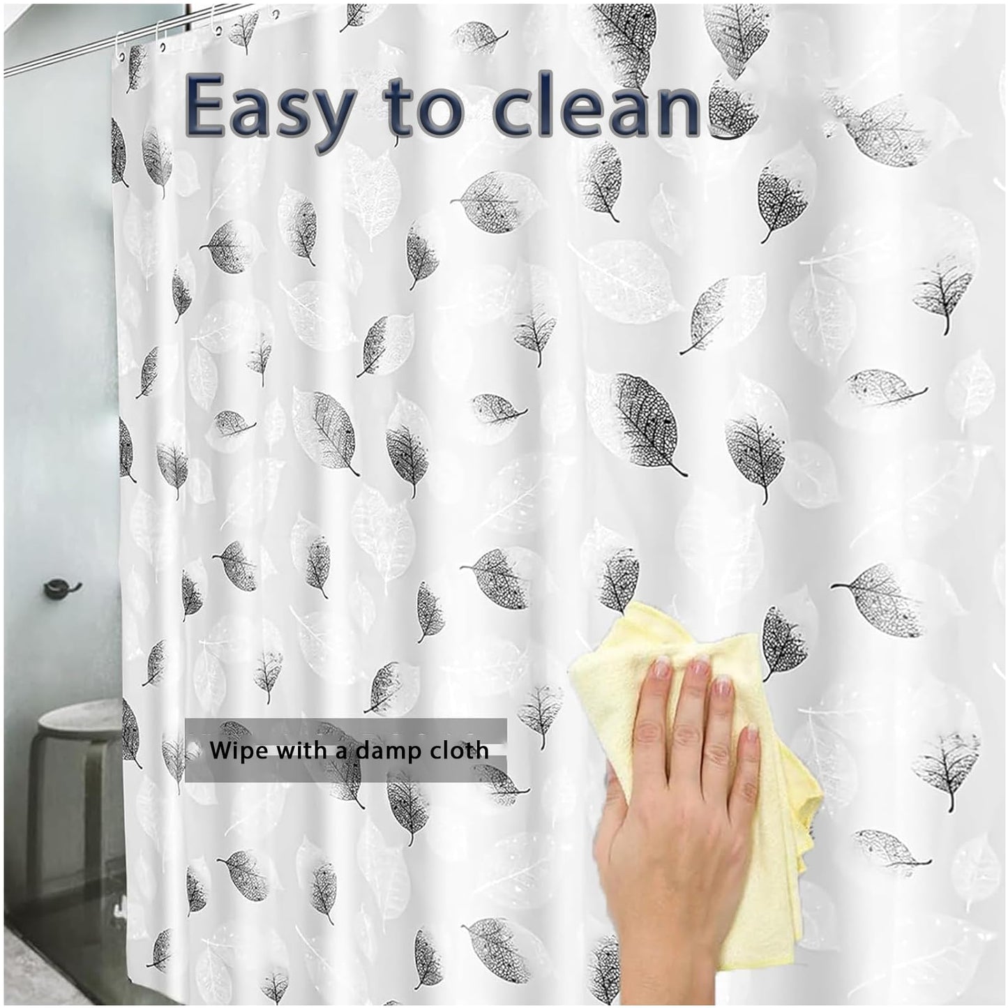 Shower Curtains Mould Proof Resistant - Leaves Patterned Semi-Transarent Shower Curtain, PEVA Waterproof Bathroom Curtains with 12 Hooks, 180 x 180 cm