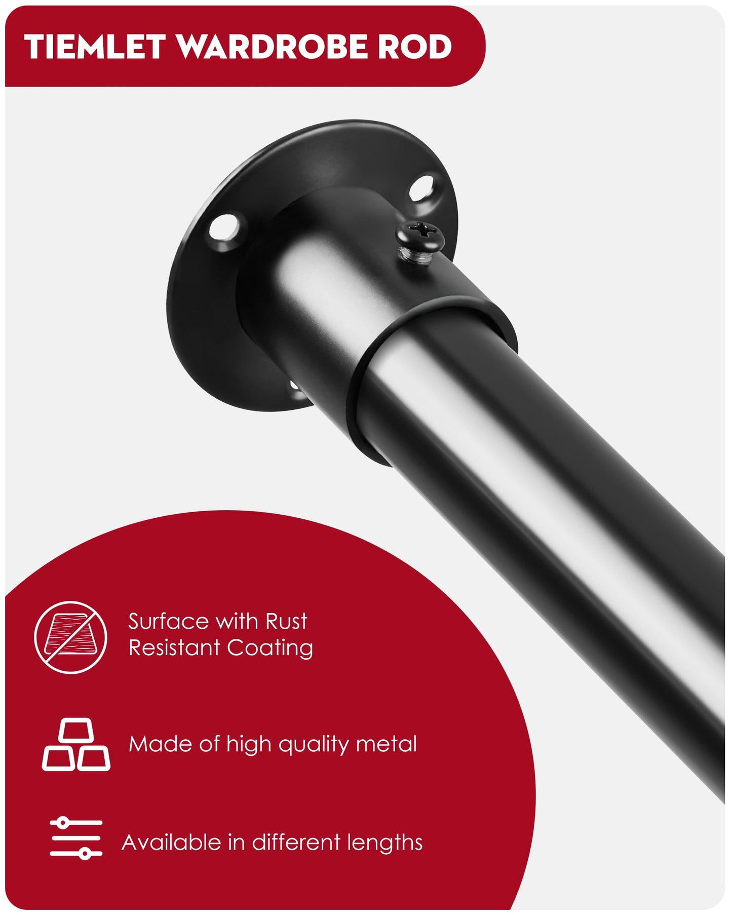 Wardrobe Rail, Extendable Clothes Rail Black 74-163cm, Stainless Steel Clothes Hanging Pole With Screws and Fixing Sockets for Wardrobe 25MM
