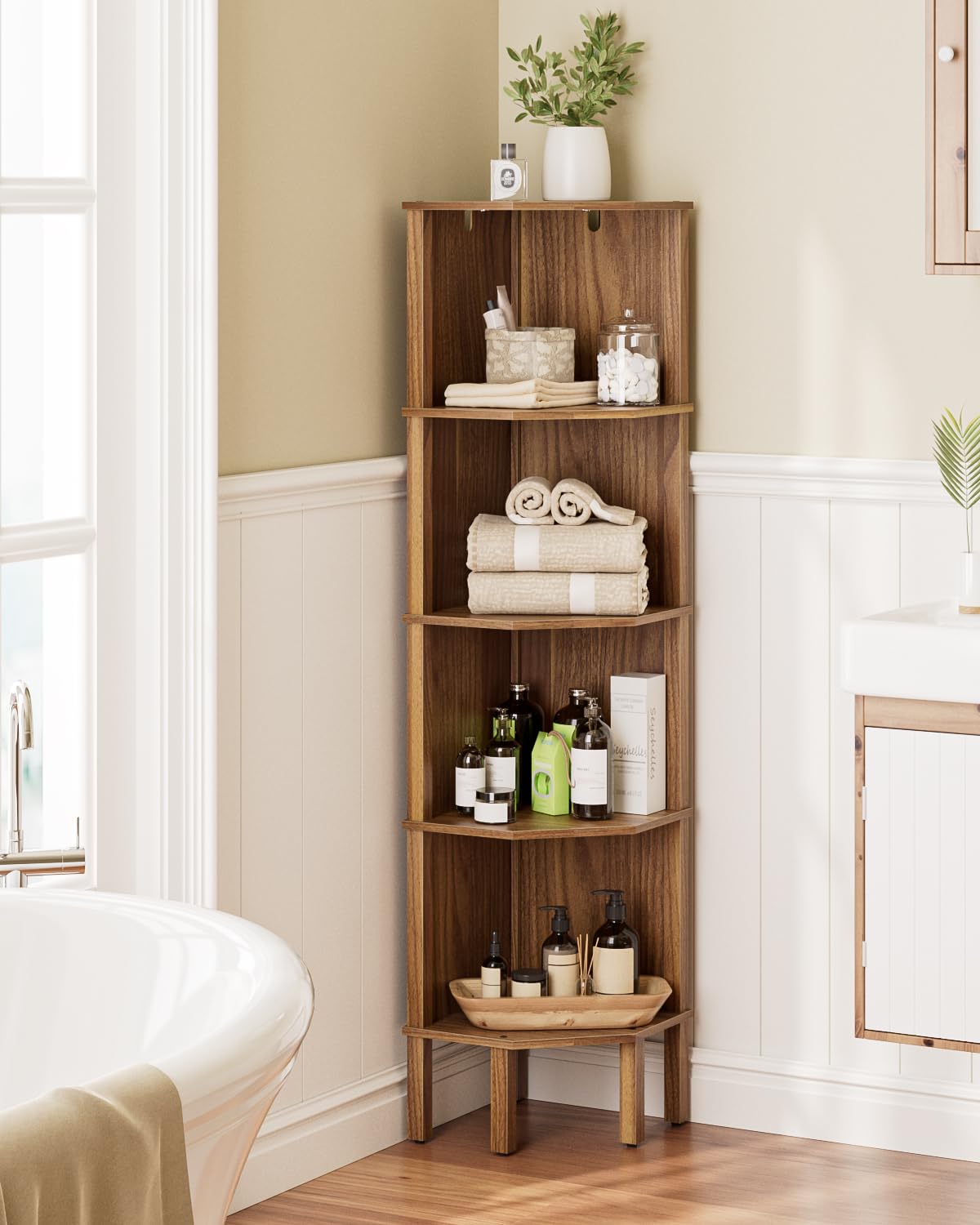 Apetaccat Corner Shelf, 4 Tier Corner Modern Corner Bookshelf, Display Corner Bookshelf,Wooden Storage Rack for Living Room,Bedroom,Office,Walnut