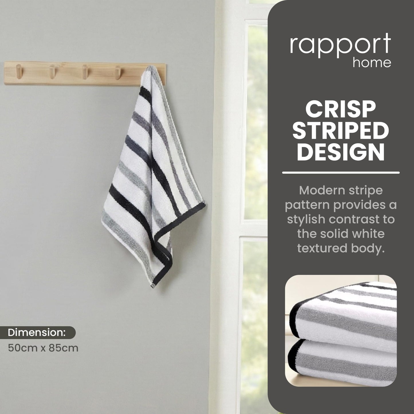 Rapport Home Amalfi Hand Towels 2 Pack | Black | 50x85cm | Luxurious 500GSM 100% Cotton | Oeko-Tex Certified Absorbent & Soft Bathroom Towel Set