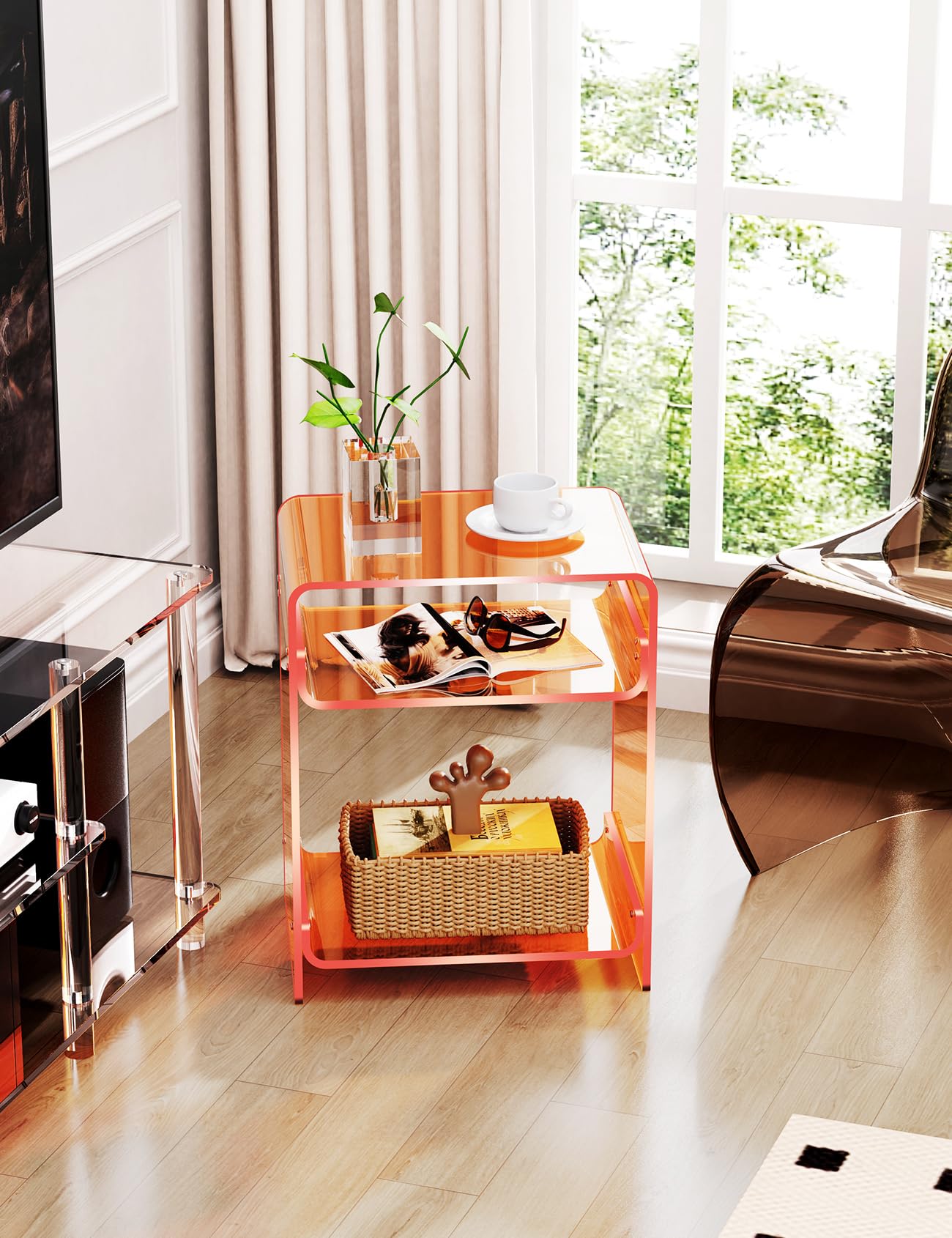 Acrylic End Table with Storage Shelf, Clear Side Table, Record Player Table, Nightstand, 15.7x19.7x11.8 (Orange, 40×30×50 cm)