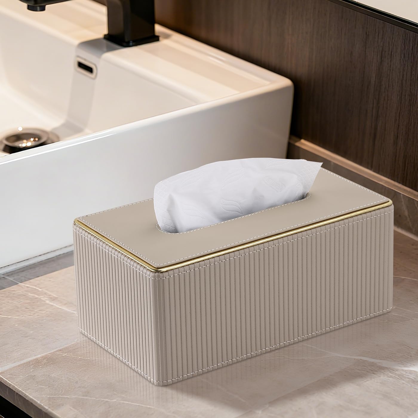 GORESE Tissue Box Holder,Rectangular Tissue Box Cover PU Leather Facial Tissue Dispenser Napkin Holder for Home, Office,Car Decoration(Beige)