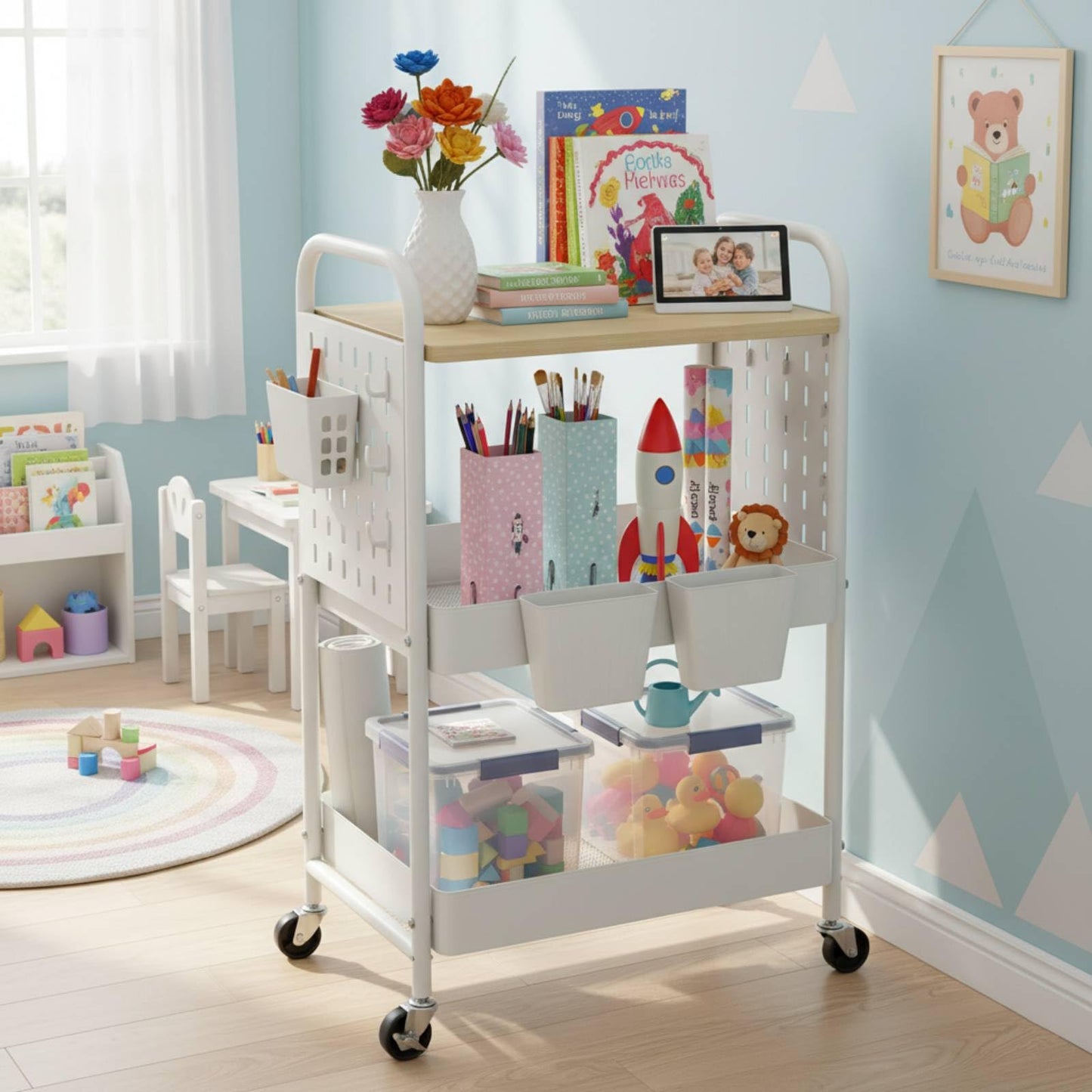 danpinera 3 Tier Rolling Cart, Metal Utility Cart with Wooden Table Top & DIY Pegboard, Rolling Carts